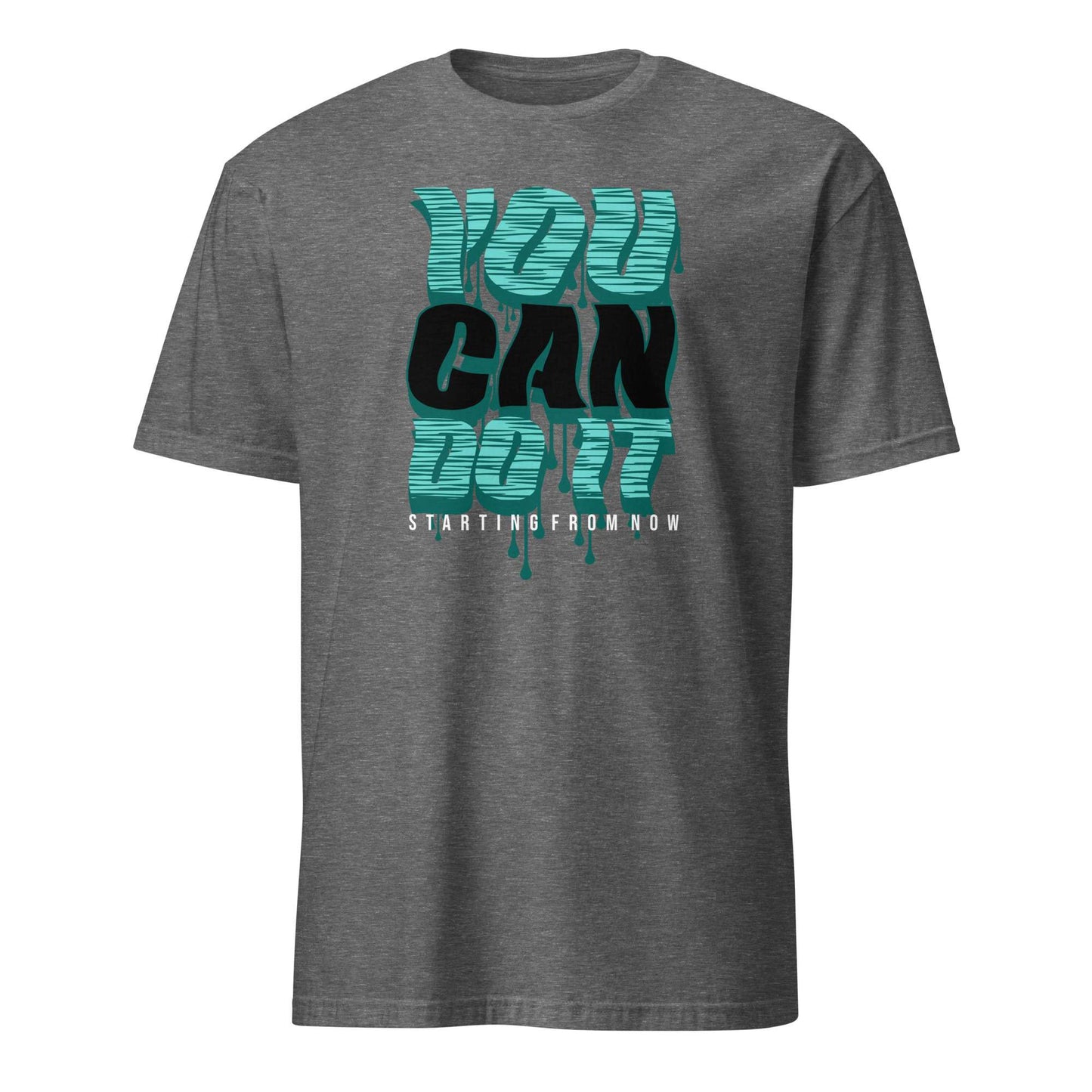 A dark heather gray short-sleeve t-shirt with a graphic on the front reading 'YOU CAN DO IT' in teal and black dripping letters, with 'STARTING FROM NOW' in small white text below. You Can Do It Slogan Typography Graphic T-Shirt Casual Wear Shop the You Can Do It Slogan Typography Graphic T-Shirt for bold motivational style, everyday confidence, and effortlessly casual outfits.