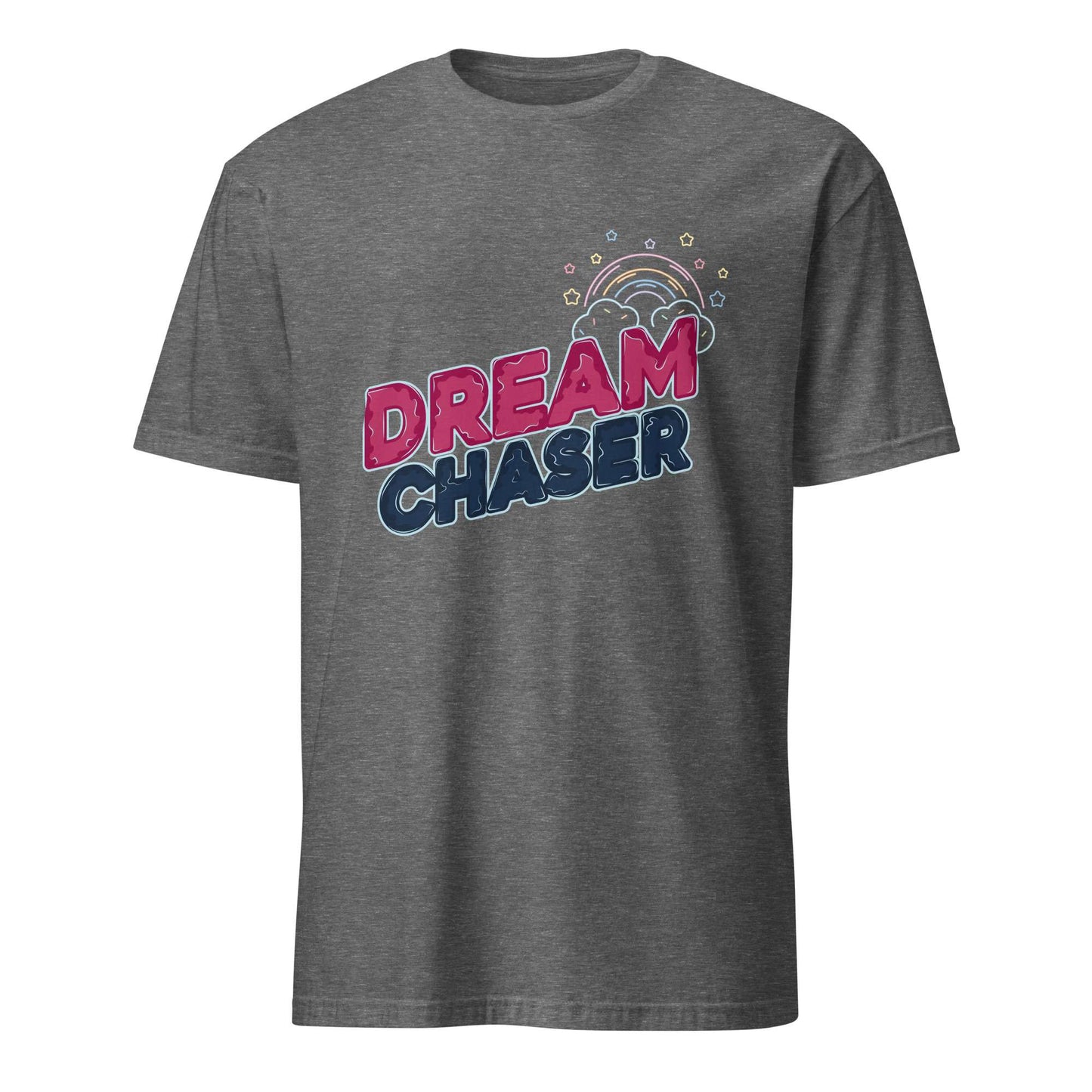 A dark heather gray short-sleeve t-shirt with a colorful graphic on the chest that reads 'DREAM CHASER' in pink and navy blue text under a small rainbow design, shown on a plain white background. Minimal Dream Chaser Lettering Graphic T-Shirt Casual Wear Shop Minimal Dream Chaser Lettering Graphic T-Shirt Casual Wear for a clean, motivational look that pairs easily with your favorite outfits.