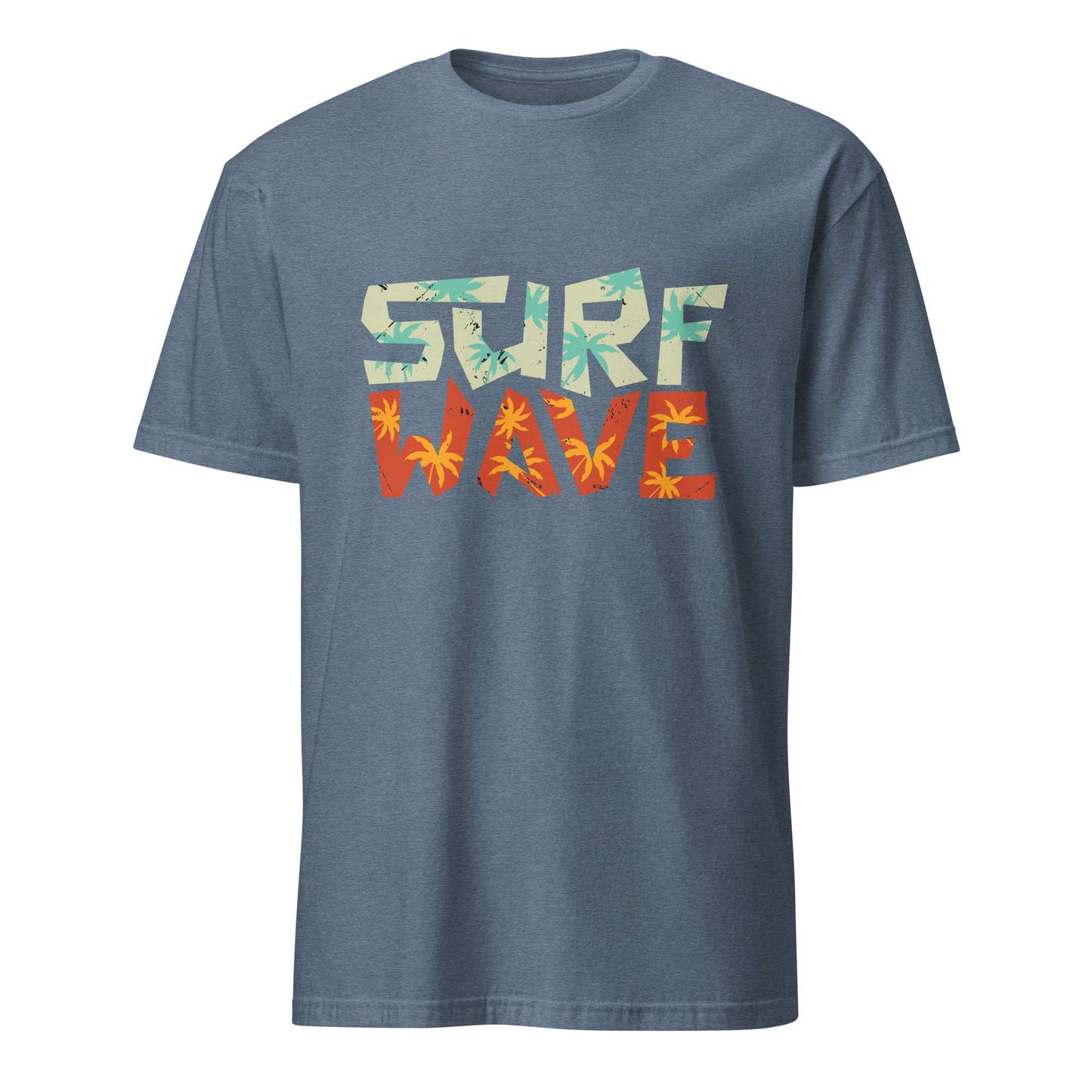 A slate blue crewneck t-shirt featuring a retro-style graphic on the chest that reads 'SURF WAVE' filled with tropical palm leaf patterns in orange, yellow, and teal, shown against a plain white background. Surf Wave Typography Lettering Graphic T-Shirt Casual Wear Shop the Surf Wave Lettering Typography Graphic T-Shirt Casual Wear design, featuring a laid-back coastal look for everyday outfits and beach days. Buy Surf Wave Lettering Typography Graphic T-Shirt Casual Wear for Sale Online.