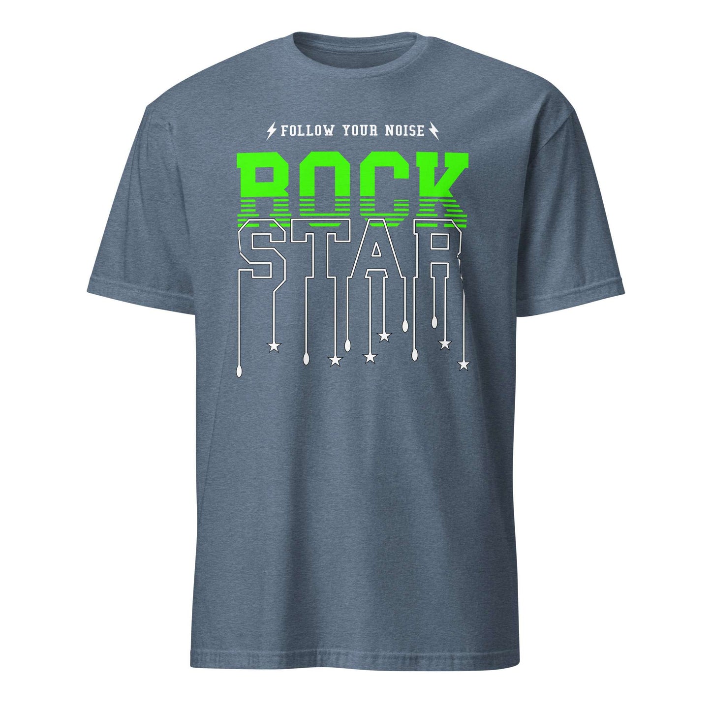 A slate blue crewneck t-shirt featuring a graphic print on the front. The design displays the text 'FOLLOW YOUR NOISE' in white above the word 'ROCK' in bright neon green, with 'STAR' in white outlined dripping letters below, decorated with small white stars. Follow Your Noise Rock Star Neon Music T-Shirt Casual Wear Shop Follow Your Noise Rock Star Neon Music T-Shirt Casual Wear for vibrant, rock-inspired fashion that adds energy to your casual wardrobe.