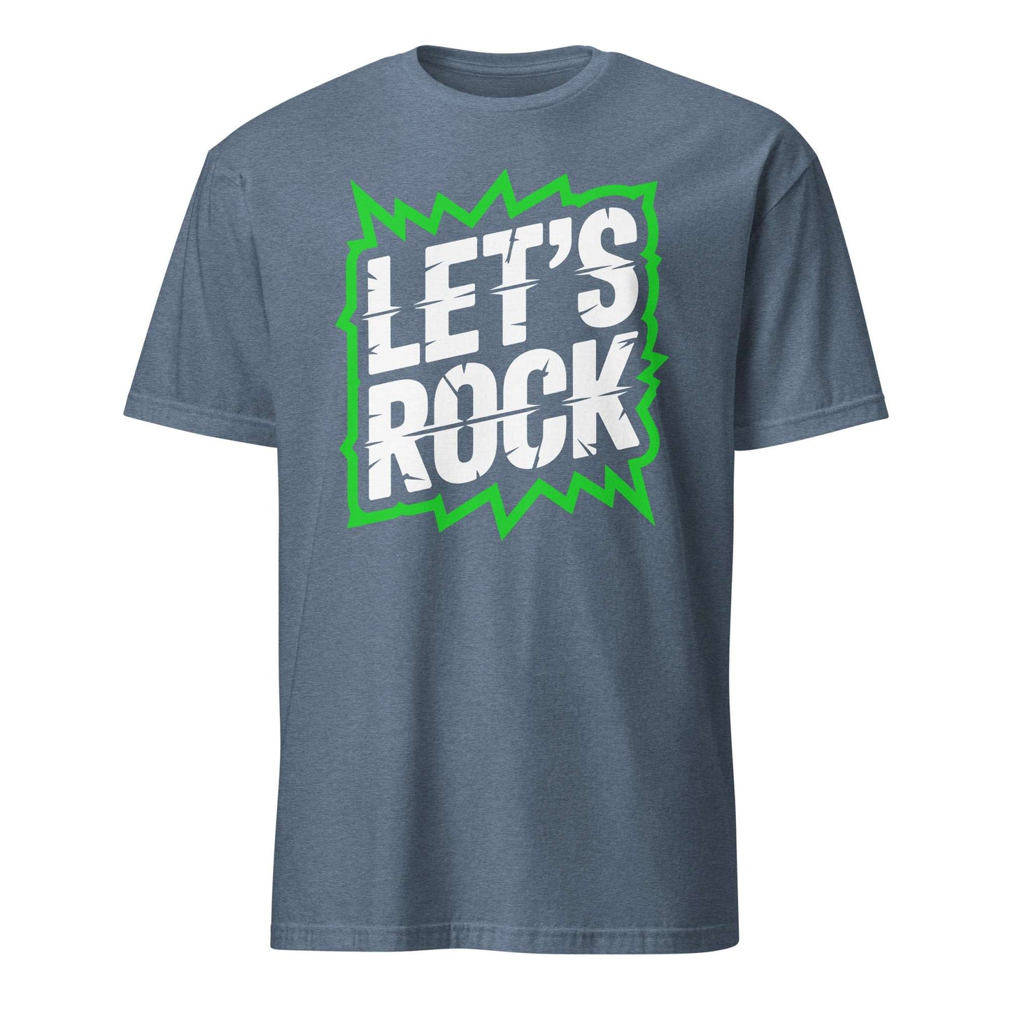 A heather slate blue short-sleeve t-shirt with a graphic on the chest reading 'LET'S ROCK' in white distressed letters inside a bright green jagged speech-bubble outline, shown on a plain white background. Let's Rock Music Bold Typography Graphic T-Shirt Casual Wear Shop the Let's Rock Music Bold Typography Graphic T-Shirt Casual Wear for a standout look, soft comfort, and everyday rock-inspired style.