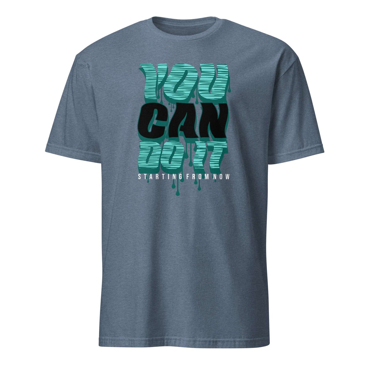 A heather slate blue short-sleeve t-shirt with a graphic on the chest reading 'YOU CAN DO IT' in textured teal and black dripping letters, with 'STARTING FROM NOW' printed below in white, shown against a plain white background. You Can Do It Slogan Typography Graphic T-Shirt Casual Wear Shop the You Can Do It Slogan Typography Graphic T-Shirt for bold motivational style, everyday confidence, and effortlessly casual outfits.