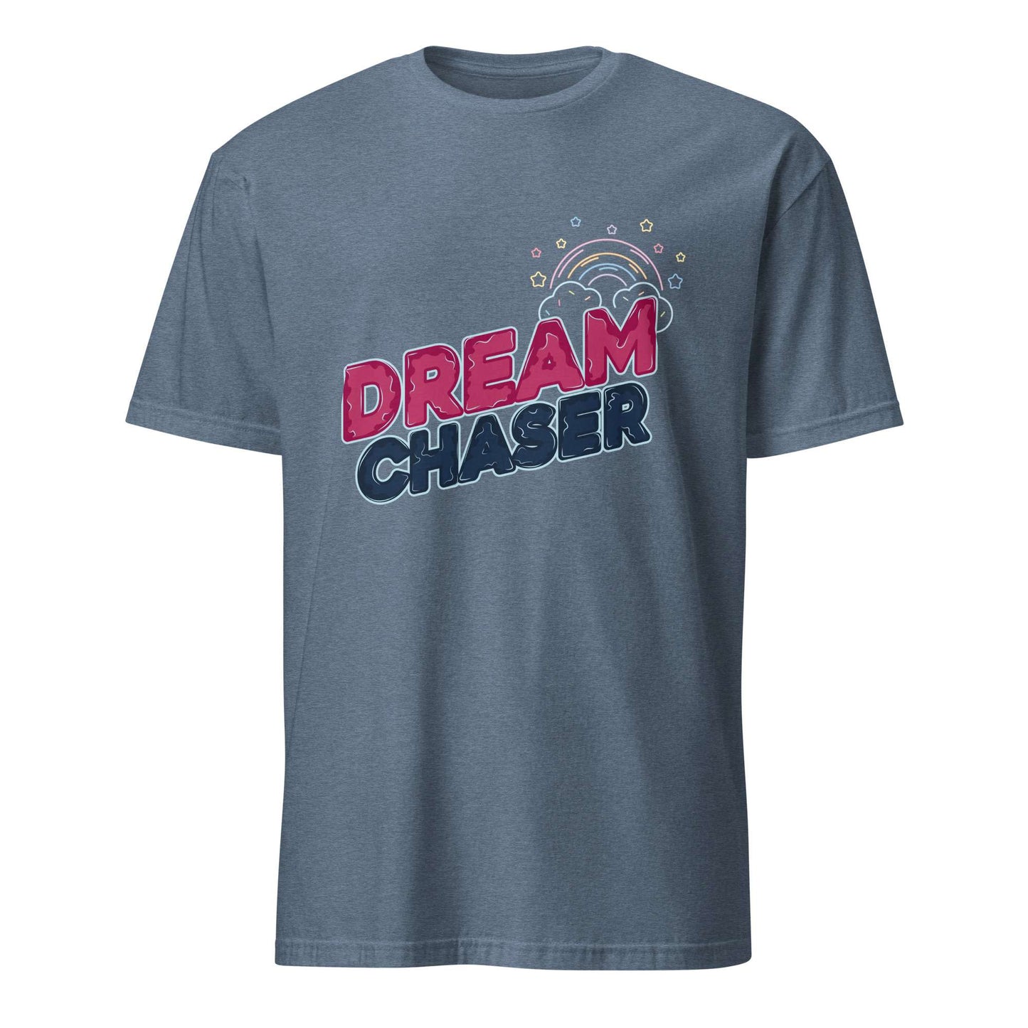 A heather slate blue short-sleeve t-shirt with a 'DREAM CHASER' graphic on the chest, featuring a pink and navy text design with a small rainbow and star details above it, shown on a plain white background. Minimal Dream Chaser Lettering Graphic T-Shirt Casual Wear Shop Minimal Dream Chaser Lettering Graphic T-Shirt Casual Wear for a clean, motivational look that pairs easily with your favorite outfits.