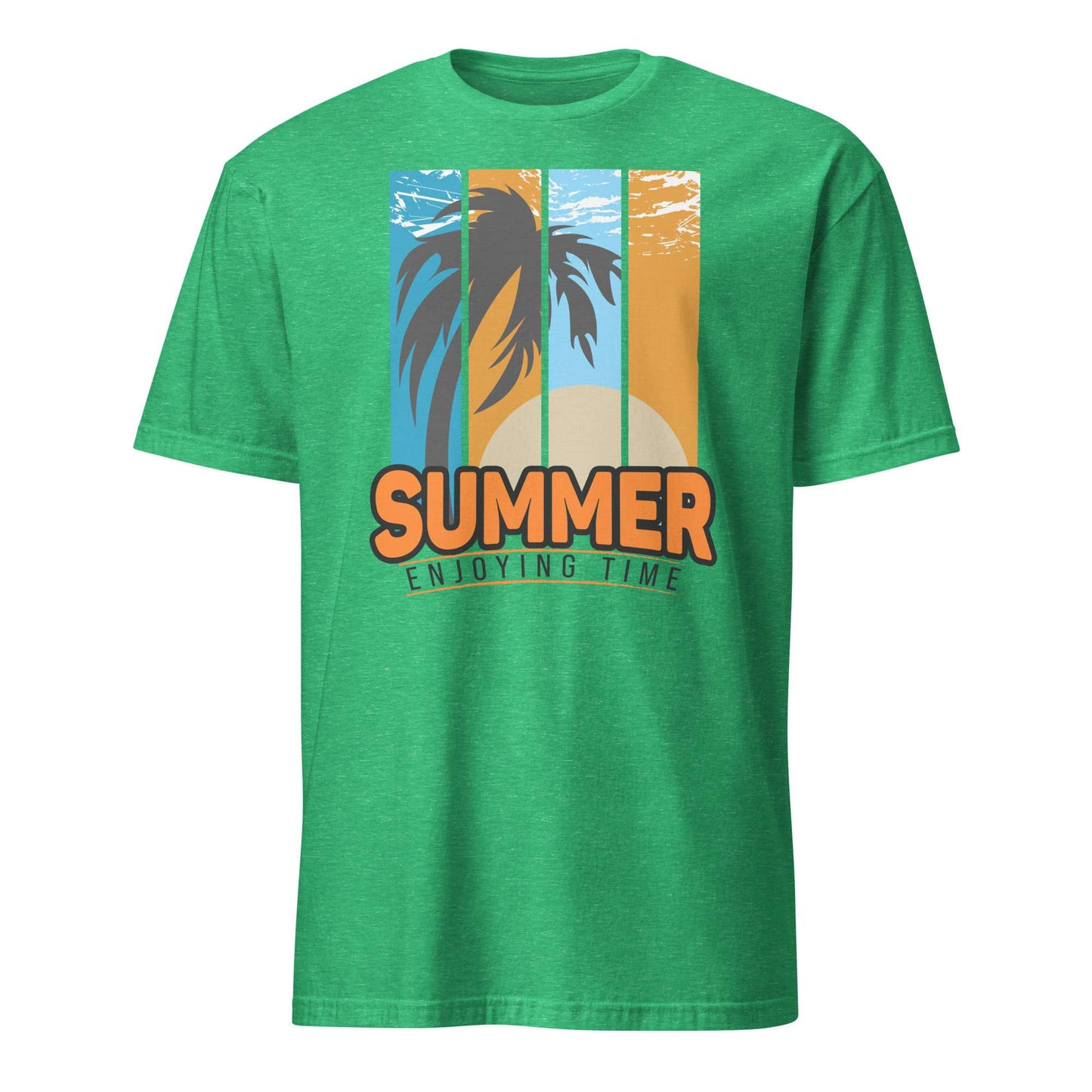 A green short-sleeve crewneck t-shirt featuring a retro vertical sunset graphic with palm trees and the text 'SUMMER ENJOYING TIME' on the front. Buy Summer Enjoying Time Palm Sunset Graphic T-Shirt Casual Wear Online for Sale Shop the Summer Enjoying Time Palm Sunset Graphic T-Shirt, featuring a vibrant tropical design perfect for beach days and warm escapes.