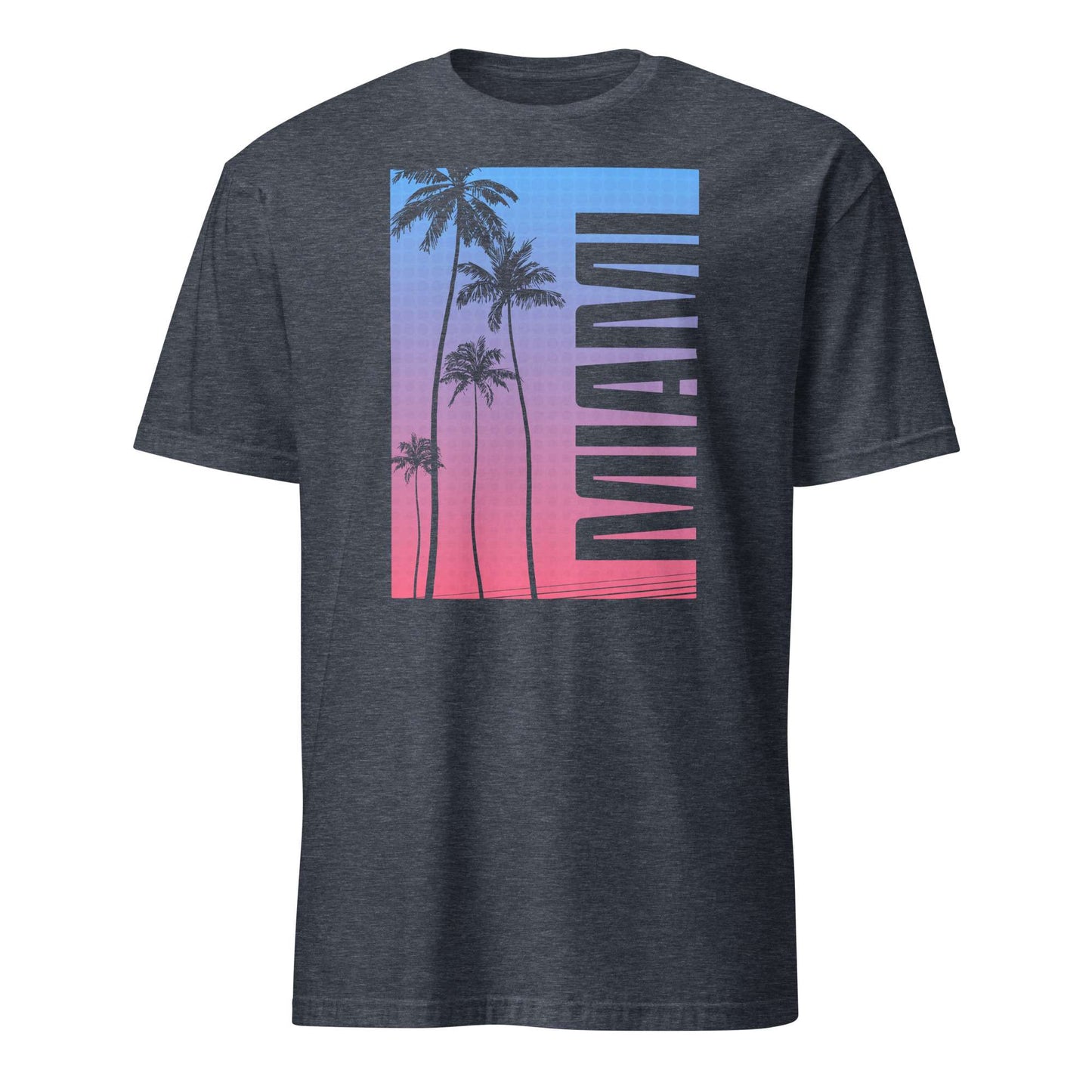 A dark heather gray t-shirt featuring a vertical rectangular graphic on the chest with a blue-to-pink gradient, palm tree silhouettes, and the word 'MIAMI' in large black letters.