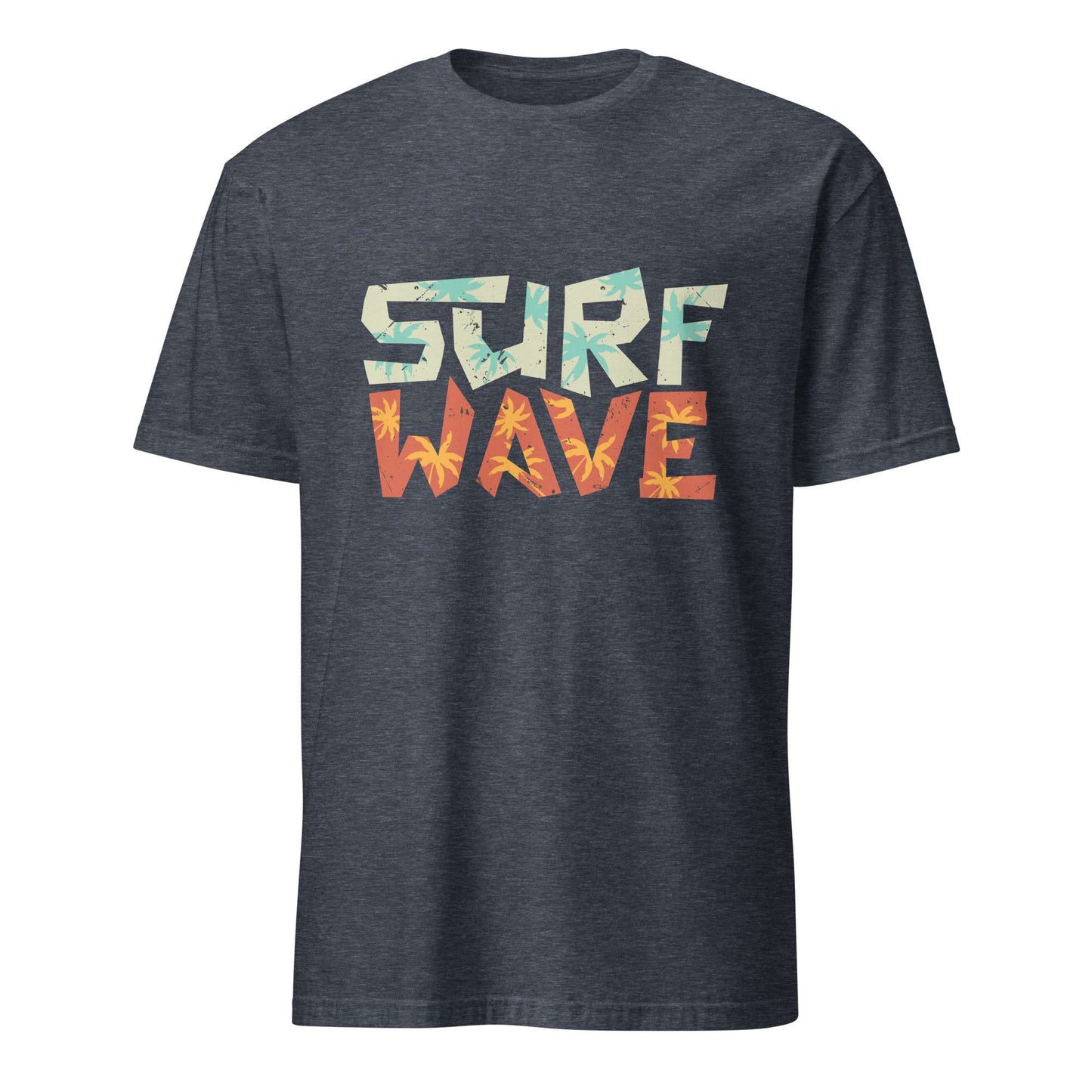 A dark heather gray t-shirt with a graphic print reading 'SURF WAVE' in a retro, distressed font. The top word 'SURF' is filled with a light blue and orange pattern, while the bottom word 'WAVE' is filled with a red and orange pattern, set against a plain white background. Surf Wave Typography Lettering Graphic T-Shirt Casual Wear Shop the Surf Wave Lettering Typography Graphic T-Shirt Casual Wear design, featuring a laid-back coastal look for everyday outfits and beach days.