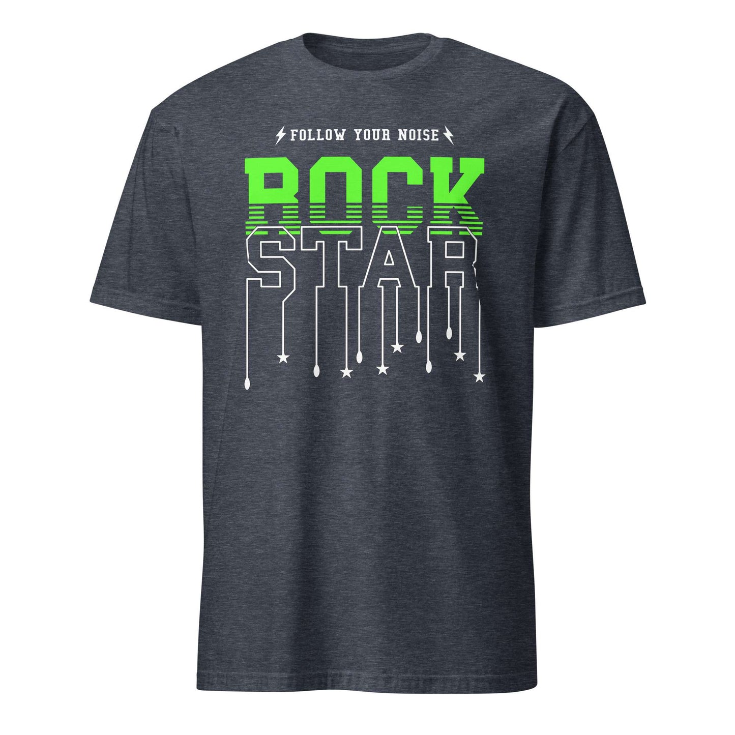 A dark heather gray t-shirt with a graphic on the chest that reads 'FOLLOW YOUR NOISE' above 'ROCK STAR' in bright green and white dripping lettering, shown on a plain white background. Follow Your Noise Rock Star Neon Music T-Shirt Casual Wear Shop Follow Your Noise Rock Star Neon Music T-Shirt Casual Wear for vibrant, rock-inspired fashion that adds energy to your casual wardrobe.