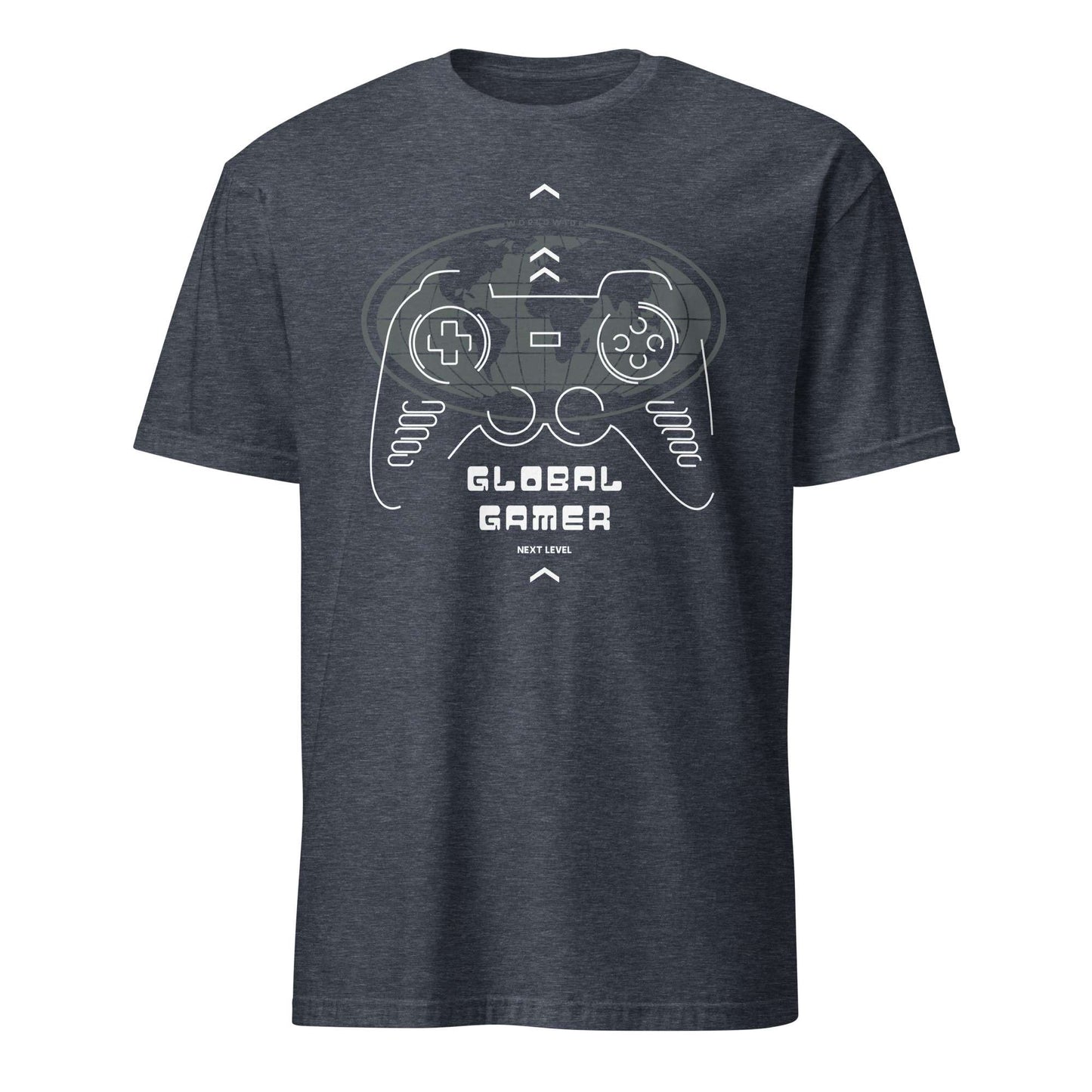 A dark heather gray t-shirt featuring a white graphic of a retro game controller with the text 'GLOBAL GAMER' and 'NEXT LEVEL' printed on the front, displayed against a solid white background. Minimalist Joystick Gamepad Graphic T-Shirt Casual Wear Shop Minimalist Joystick Gamepad Graphic T-Shirt Casual Wear, a clean, comfortable tee for gamers who love understated everyday style. Upgrade your gamer wardrobe with Minimalist Joystick Gamepad Graphic T-Shirt Casual Wear—simple, stylish.