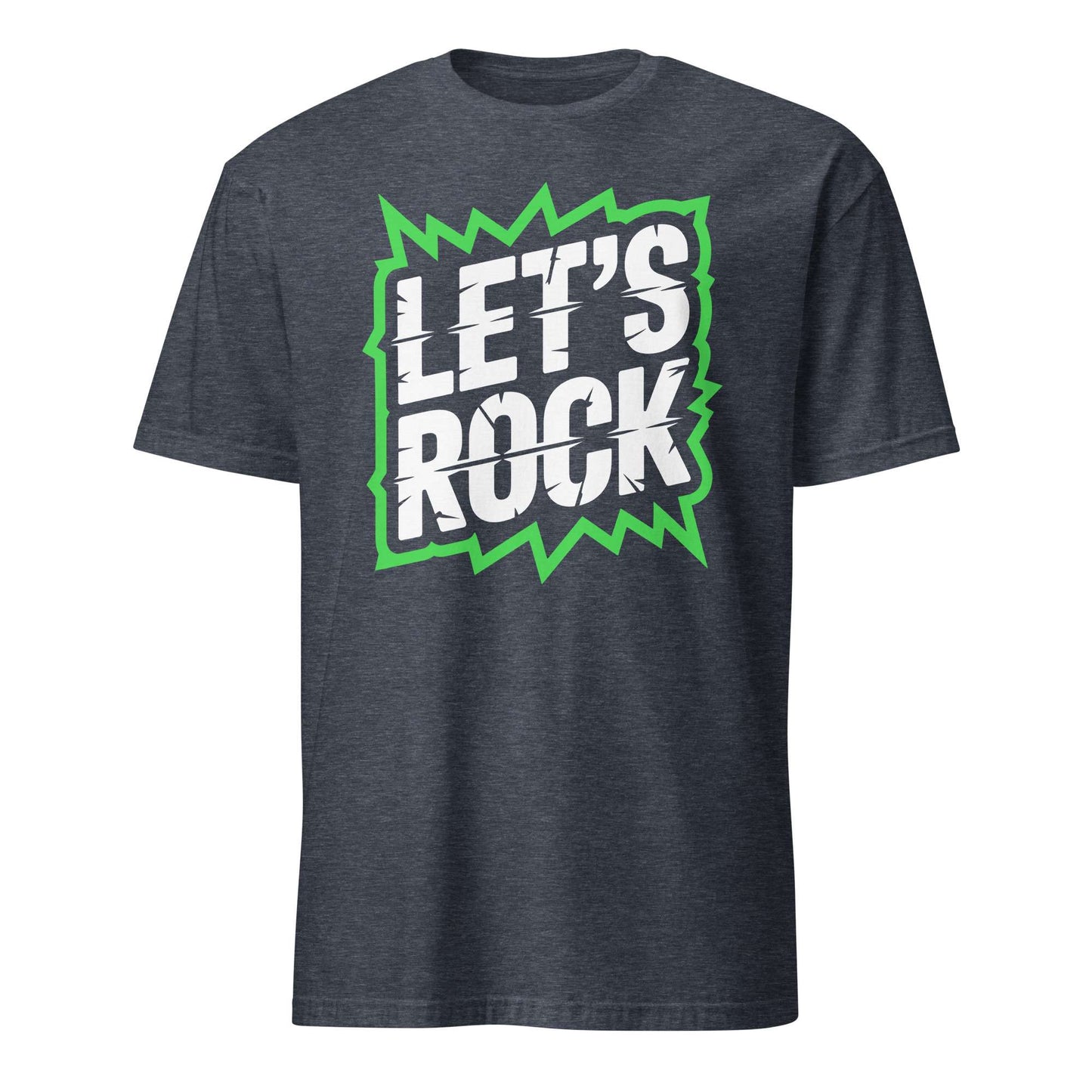 A dark heather gray t-shirt with a graphic on the chest that reads 'LET'S ROCK' in white distressed letters inside a green comic-style burst, shown on a plain white background. Let's Rock Music Bold Typography Graphic T-Shirt Casual Wear Shop the Let's Rock Music Bold Typography Graphic T-Shirt Casual Wear for a standout look, soft comfort, and everyday rock-inspired style.