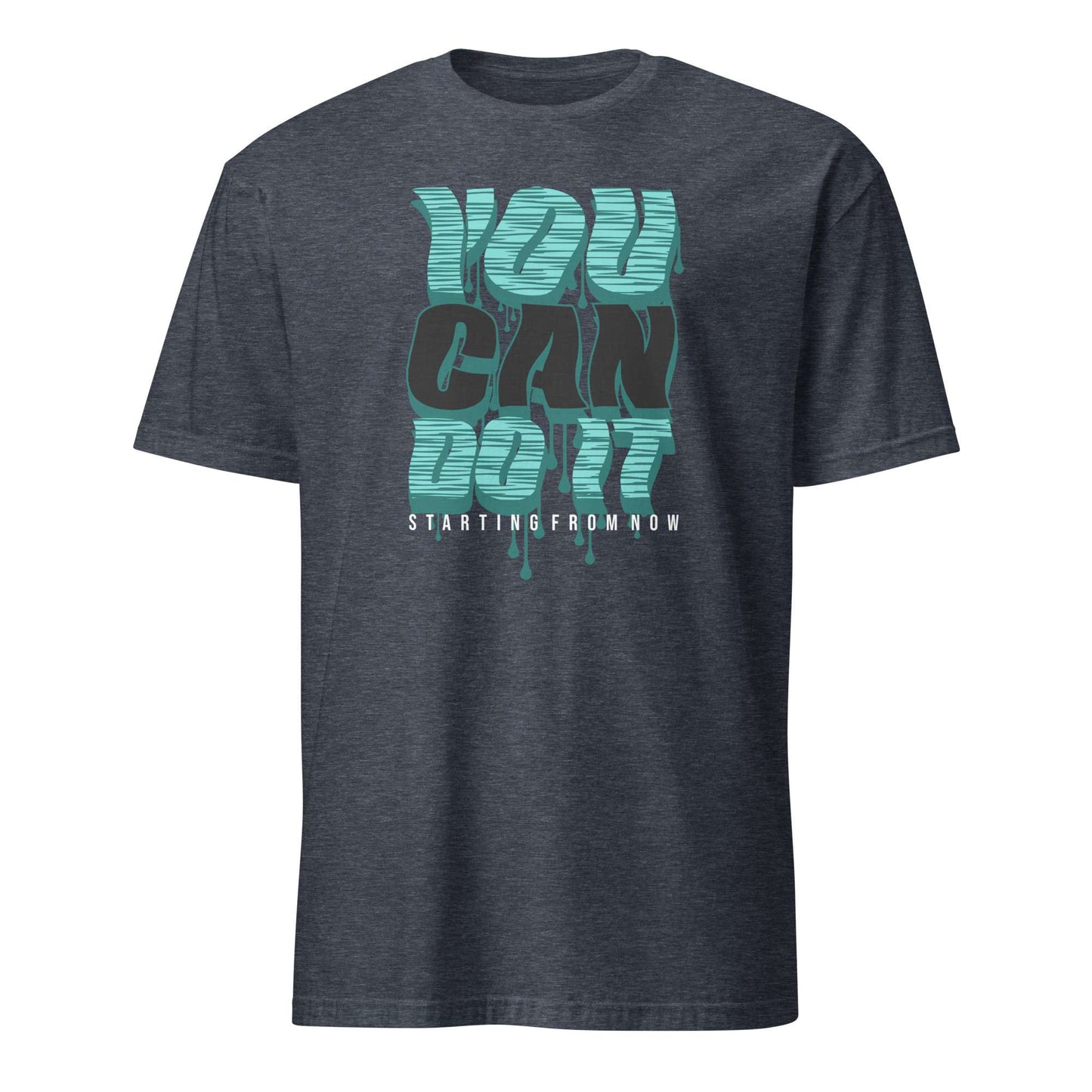 A dark heather gray t-shirt with a graphic on the front reading 'YOU CAN DO IT STARTING FROM NOW' in teal and dark gray dripping lettering, shown on a plain white background. You Can Do It Slogan Typography Graphic T-Shirt Casual Wear Shop the You Can Do It Slogan Typography Graphic T-Shirt for bold motivational style, everyday confidence, and effortlessly casual outfits.