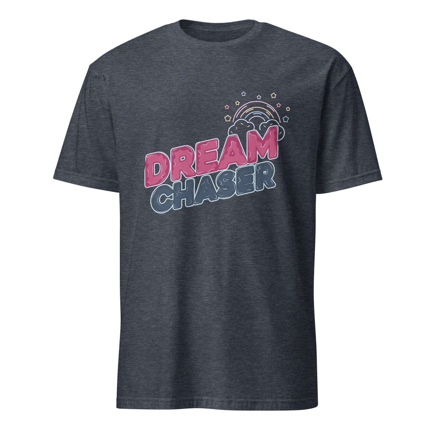 A dark heather gray t-shirt with a colorful graphic on the chest featuring the words 'DREAM CHASER' in pink and blue, under a small rainbow illustration, shown on a plain white background. Minimal Dream Chaser Lettering Graphic T-Shirt Casual Wear Shop Minimal Dream Chaser Lettering Graphic T-Shirt Casual Wear for a clean, motivational look that pairs easily with your favorite outfits.
