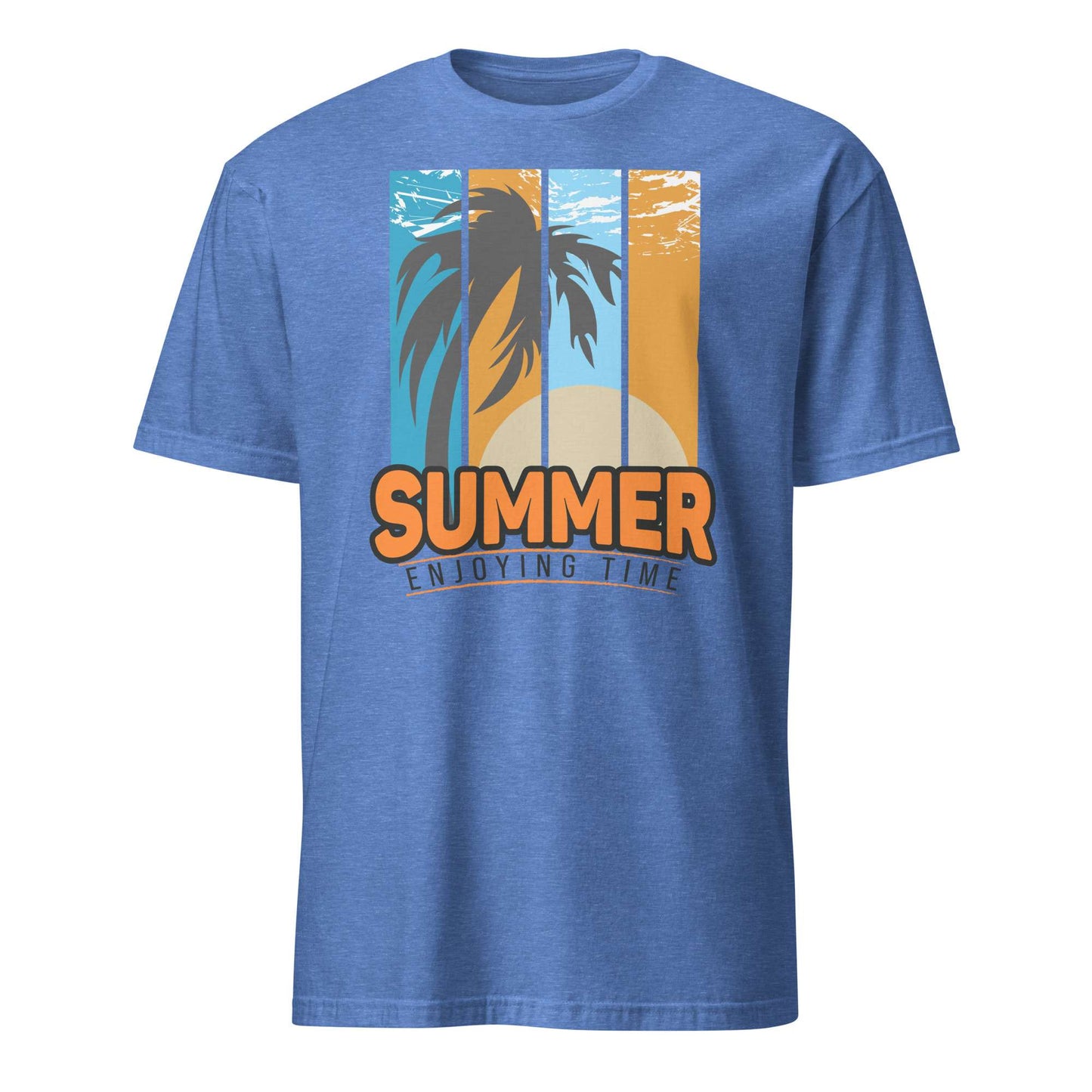 A heather blue short-sleeve t-shirt with a retro graphic on the chest featuring palm trees, a sunset, and the text 'SUMMER ENJOYING TIME'. Buy Summer Enjoying Time Palm Sunset Graphic T-Shirt Casual Wear Online for Sale Shop the Summer Enjoying Time Palm Sunset Graphic T-Shirt, featuring a vibrant tropical design perfect for beach days and warm escapes.