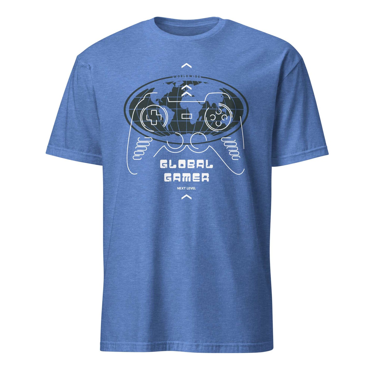 A heather blue short-sleeve t-shirt with a white and dark gray graphic of a video game controller and the words 'GLOBAL GAMER' on the front, displayed against a solid white background. Minimalist Joystick Gamepad Graphic T-Shirt Casual Wear Shop Minimalist Joystick Gamepad Graphic T-Shirt Casual Wear, a clean, comfortable tee for gamers who love understated everyday style. Upgrade your gamer wardrobe with Minimalist Joystick Gamepad Graphic T-Shirt Casual Wear—simple, stylish, and made for relaxed days.