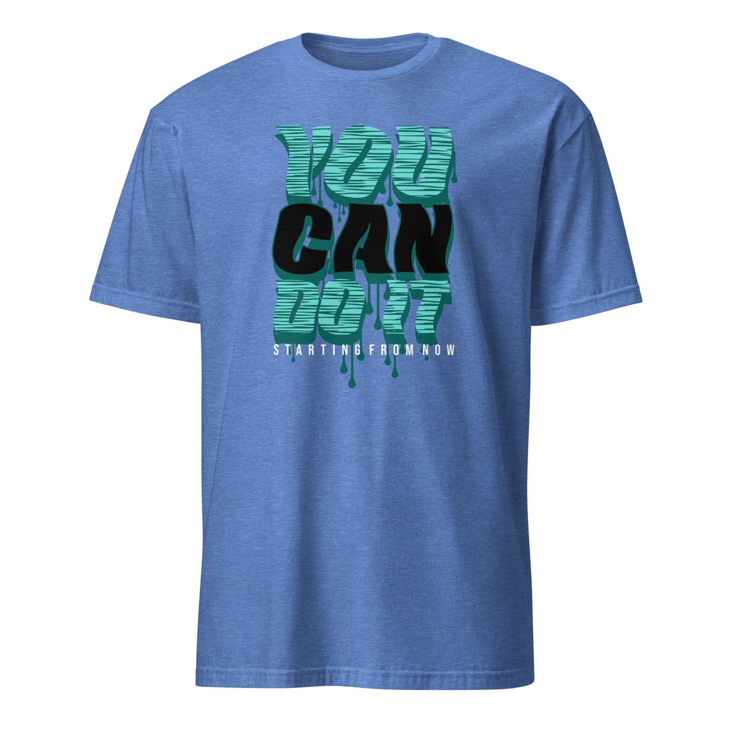 A heather blue short-sleeve t-shirt with a graphic on the chest reading 'YOU CAN DO IT' in dripping teal and black letters, with 'STARTING FROM NOW' in small white text below, shown on a plain white background. You Can Do It Slogan Typography Graphic T-Shirt Casual Wear Shop the You Can Do It Slogan Typography Graphic T-Shirt for bold motivational style, everyday confidence, and effortlessly casual outfits.