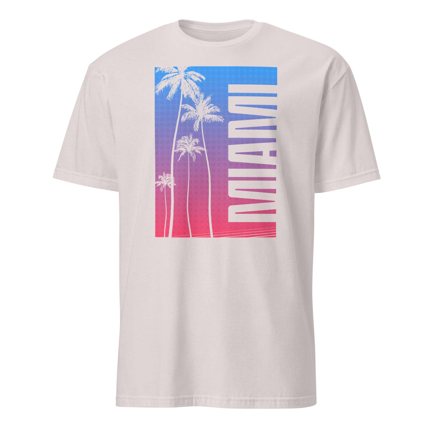 A light beige crewneck t-shirt featuring a large rectangular graphic on the chest with a blue-to-pink gradient, white palm tree silhouettes, and the word 'MIAMI' in white vertical text.