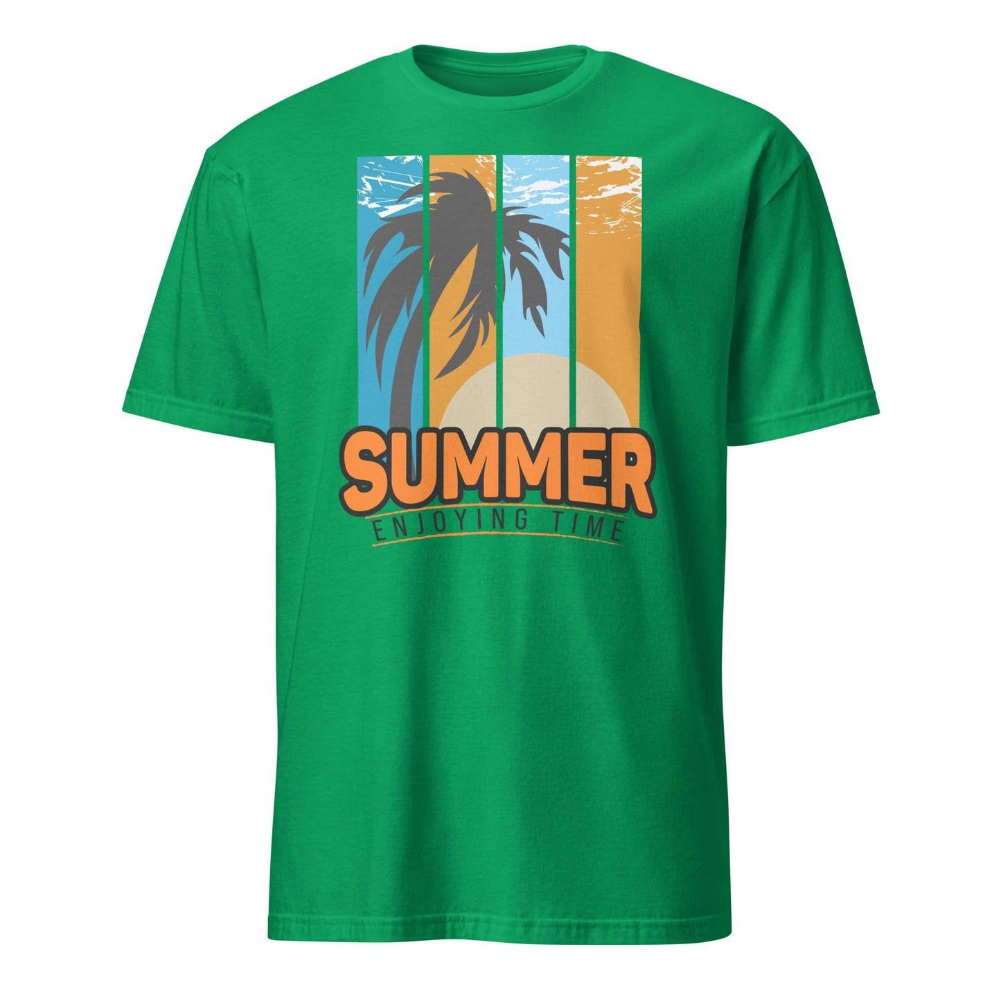 A green short-sleeve crewneck t-shirt featuring a retro vertical-striped graphic with a palm tree silhouette, a sunset, and the text 'SUMMER ENJOYING TIME' in orange. Buy Summer Enjoying Time Palm Sunset Graphic T-Shirt Casual Wear Online for Sale Shop the Summer Enjoying Time Palm Sunset Graphic T-Shirt, featuring a vibrant tropical design perfect for beach days and warm escapes.