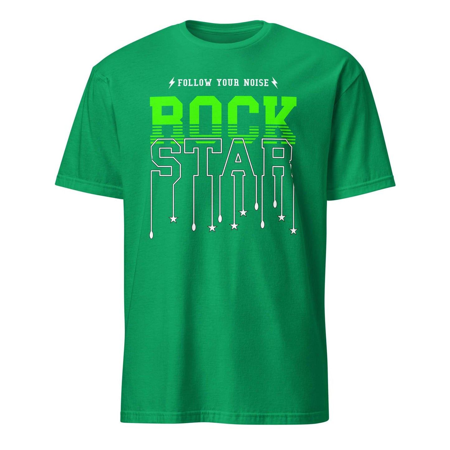 A green short-sleeve crewneck t-shirt with a graphic on the front reading 'FOLLOW YOUR NOISE ROCK STAR' in white and neon green, displayed on a solid white background. Follow Your Noise Rock Star Neon Music T-Shirt Casual Wear Shop Follow Your Noise Rock Star Neon Music T-Shirt Casual Wear for vibrant, rock-inspired fashion that adds energy to your casual wardrobe.
