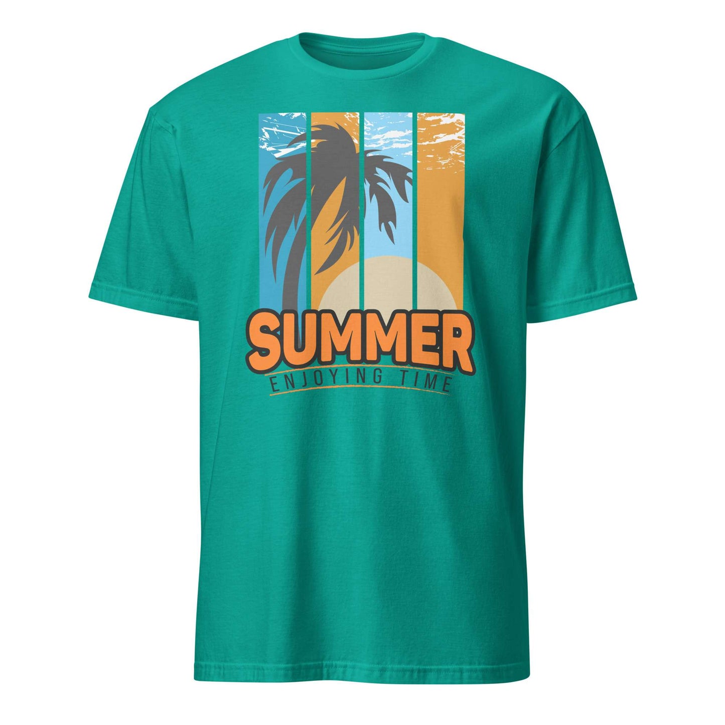 A teal green short-sleeve crewneck t-shirt featuring a retro vertical-striped graphic on the chest with a palm tree silhouette, a sunset, and the text 'SUMMER ENJOYING TIME'. Buy Summer Enjoying Time Palm Sunset Graphic T-Shirt Casual Wear Online for Sale Shop the Summer Enjoying Time Palm Sunset Graphic T-Shirt, featuring a vibrant tropical design perfect for beach days and warm escapes.