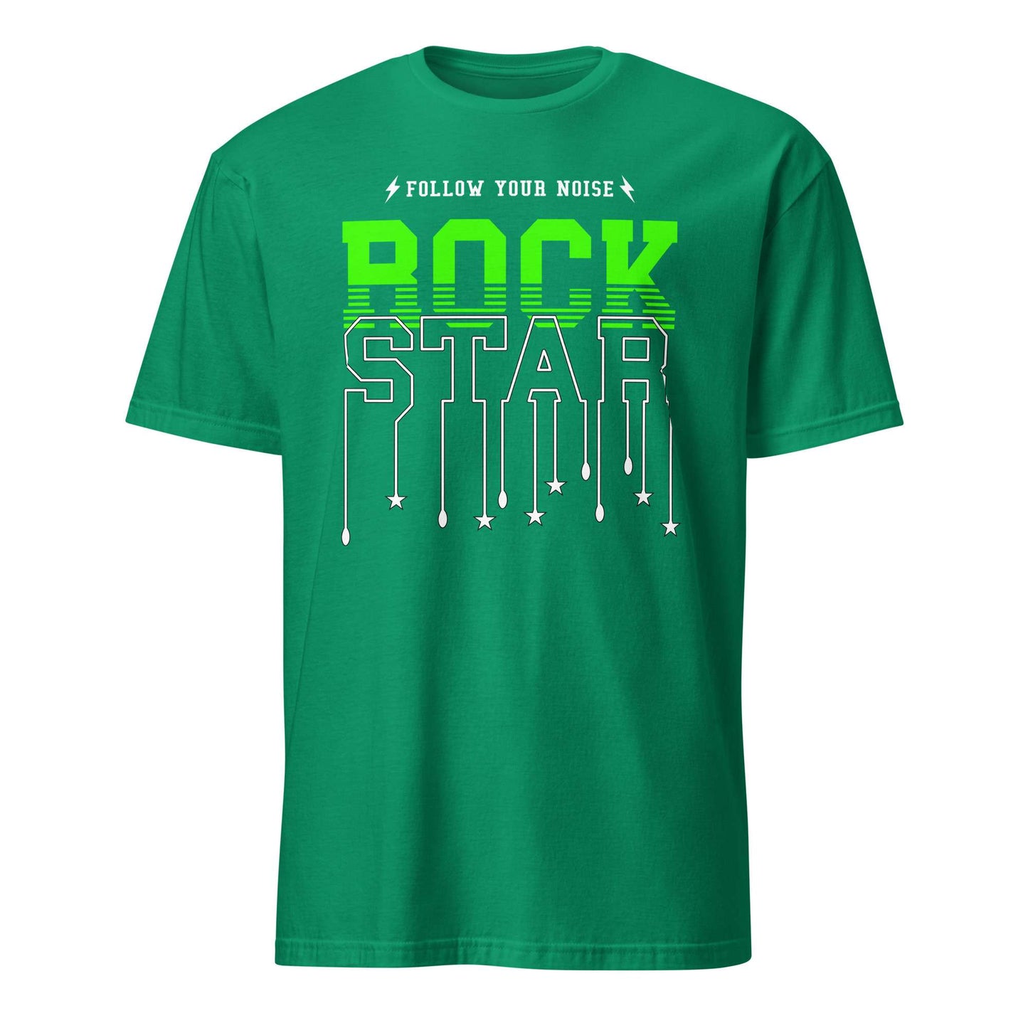 A green short-sleeve crewneck t-shirt with a graphic on the front reading 'FOLLOW YOUR NOISE ROCK STAR' in white and neon green, displayed on a solid white background. Follow Your Noise Rock Star Neon Music T-Shirt Casual Wear Shop Follow Your Noise Rock Star Neon Music T-Shirt Casual Wear for vibrant, rock-inspired fashion that adds energy to your casual wardrobe.