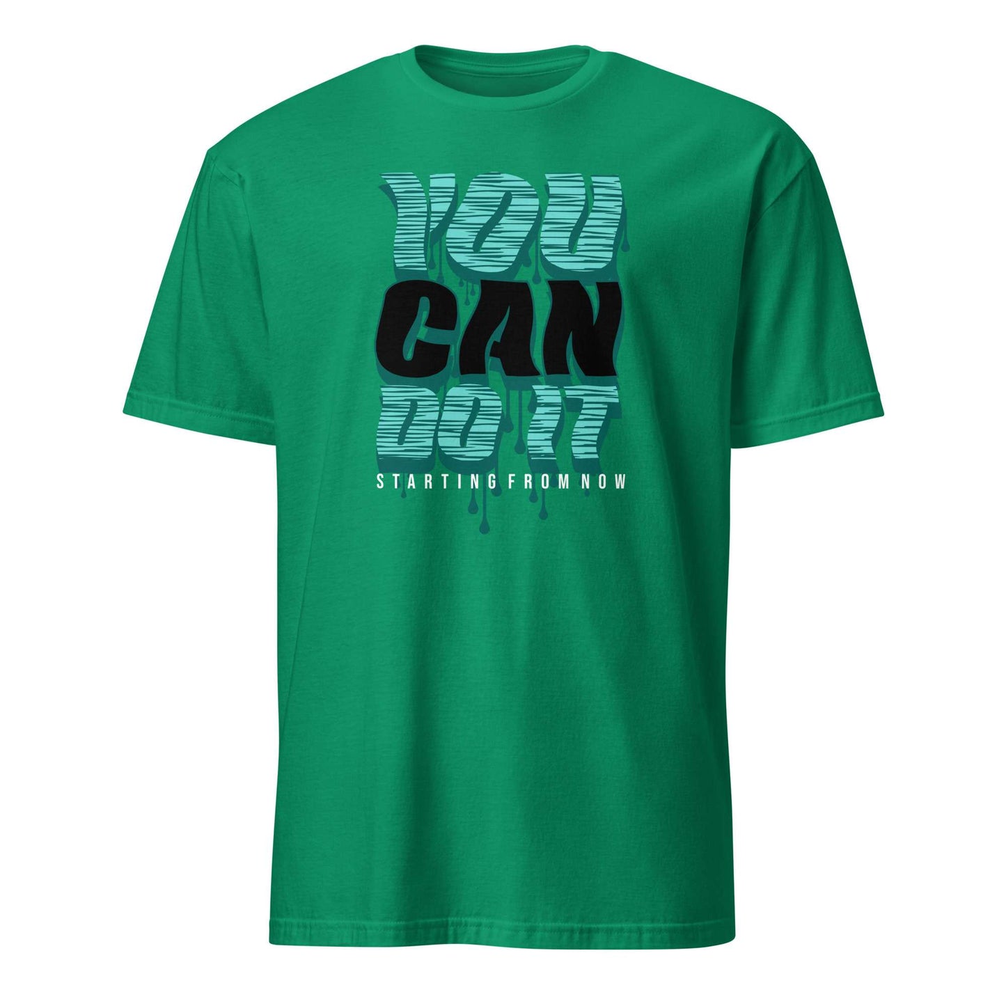 A green short-sleeve crewneck t-shirt featuring a graphic on the front that reads 'YOU CAN DO IT' in textured light blue and solid black letters, with 'STARTING FROM NOW' printed below in white. You Can Do It Slogan Typography Graphic T-Shirt Casual Wear Shop the You Can Do It Slogan Typography Graphic T-Shirt for bold motivational style, everyday confidence, and effortlessly casual outfits.