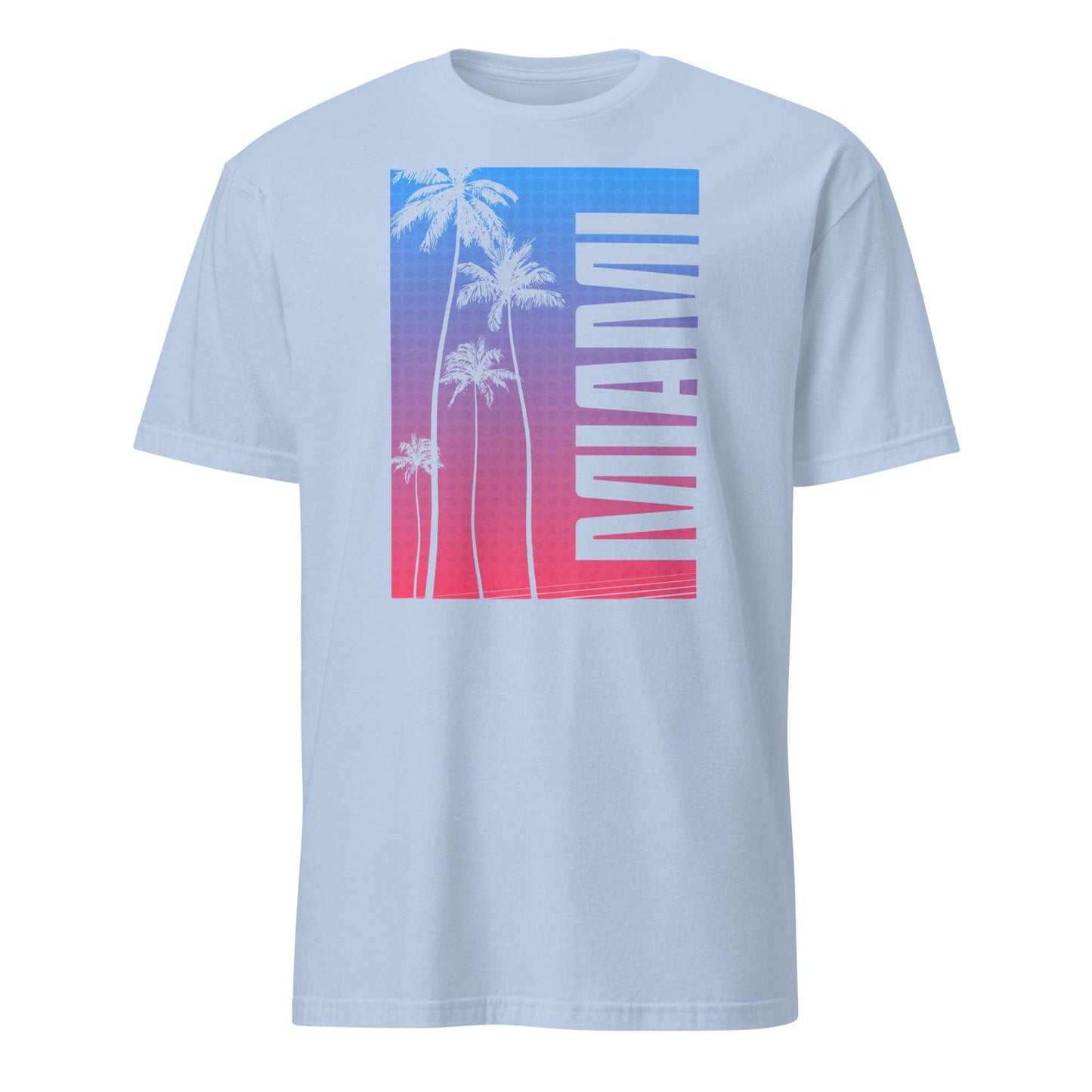 A light blue crewneck t-shirt featuring a large rectangular graphic on the chest with white palm tree silhouettes, a blue-to-pink gradient background, and the word 'MIAMI' printed vertically in white.