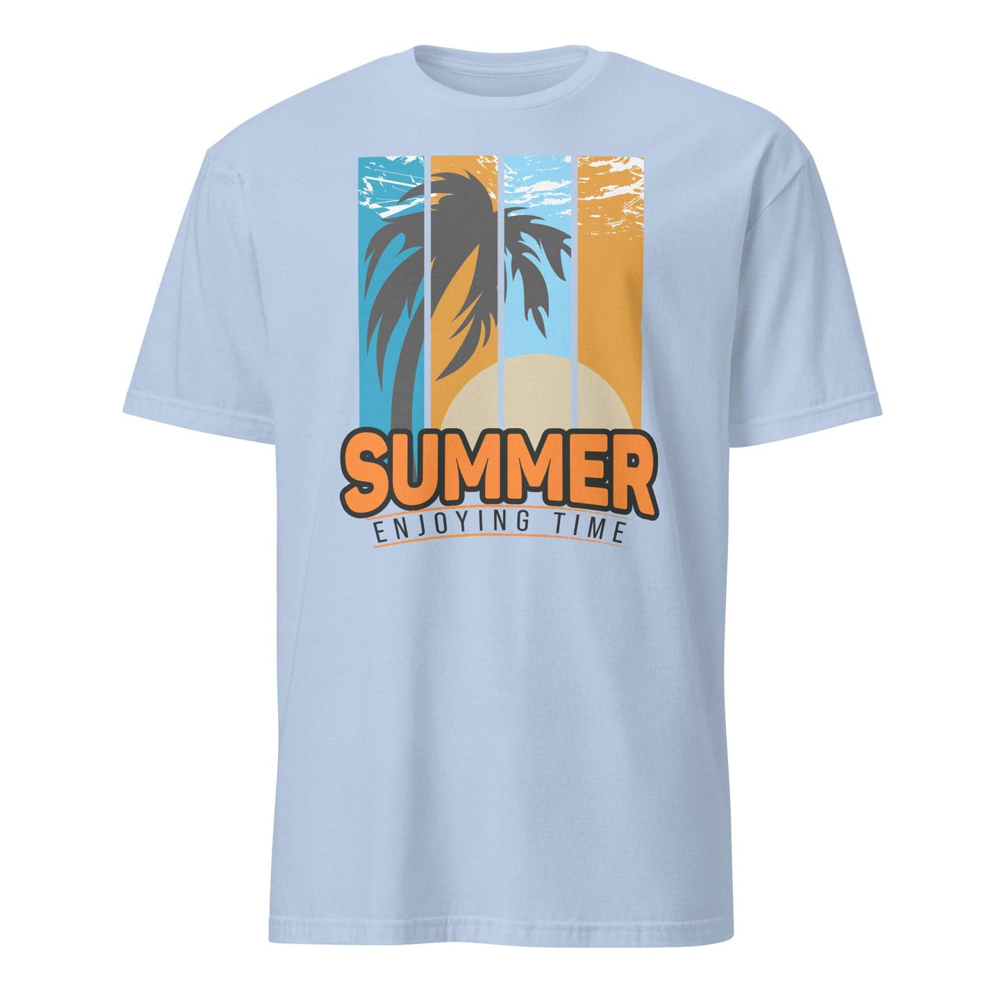 A light blue short-sleeve crewneck t-shirt featuring a retro graphic print on the front with palm trees, a sunset, and the text 'SUMMER ENJOYING TIME'. Buy Summer Enjoying Time Palm Sunset Graphic T-Shirt Casual Wear Online for Sale Shop the Summer Enjoying Time Palm Sunset Graphic T-Shirt, featuring a vibrant tropical design perfect for beach days and warm escapes.