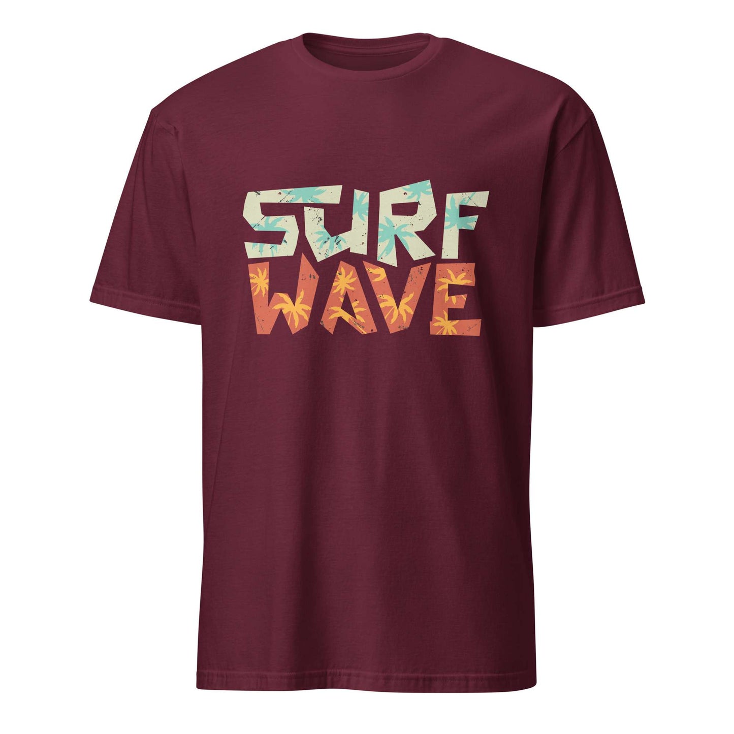 A maroon short-sleeve crewneck t-shirt featuring a distressed graphic print on the chest that reads 'SURF WAVE' in a retro, multi-colored patterned font, shown against a plain white background. Surf Wave Typography Lettering Graphic T-Shirt Casual Wear Shop the Surf Wave Lettering Typography Graphic T-Shirt Casual Wear design, featuring a laid-back coastal look for everyday outfits and beach days. Buy Surf Wave Lettering Typography Graphic T-Shirt Casual Wear for Sale Online.