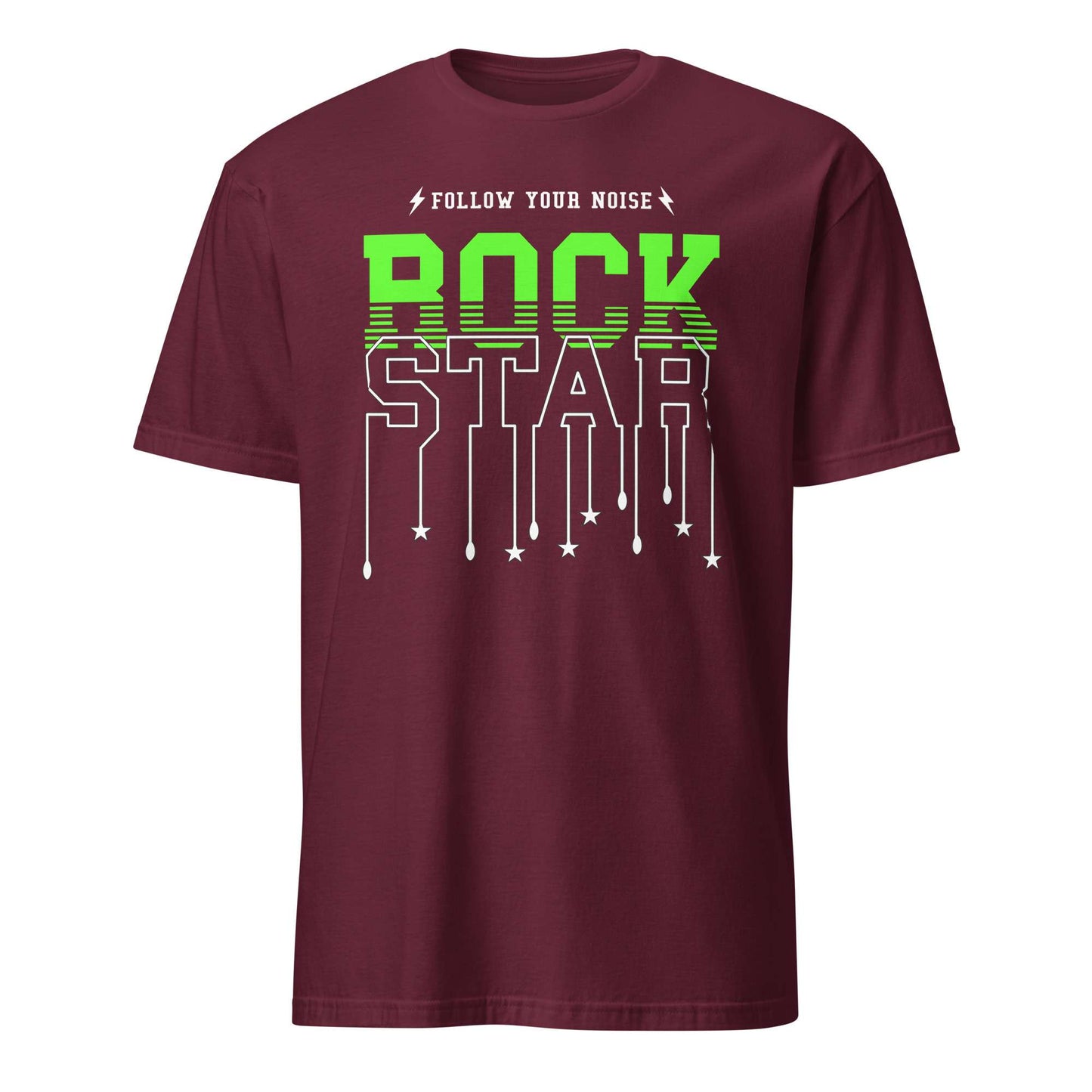 A maroon short-sleeve crewneck t-shirt featuring a graphic print on the front. The design reads 'FOLLOW YOUR NOISE' in white above 'ROCK STAR' in a bold green and white dripping font with small stars hanging down. Follow Your Noise Rock Star Neon Music T-Shirt Casual Wear Shop Follow Your Noise Rock Star Neon Music T-Shirt Casual Wear for vibrant, rock-inspired fashion that adds energy to your casual wardrobe.