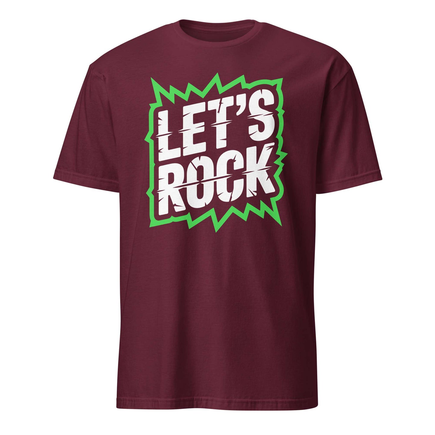 A maroon short-sleeve crewneck t-shirt featuring a graphic on the chest with the text 'LET'S ROCK' in white with a black outline, set against a green jagged lightning-bolt shape, displayed on a solid white background. Let's Rock Music Bold Typography Graphic T-Shirt Casual Wear Shop the Let's Rock Music Bold Typography Graphic T-Shirt Casual Wear for a standout look, soft comfort, and everyday rock-inspired style.