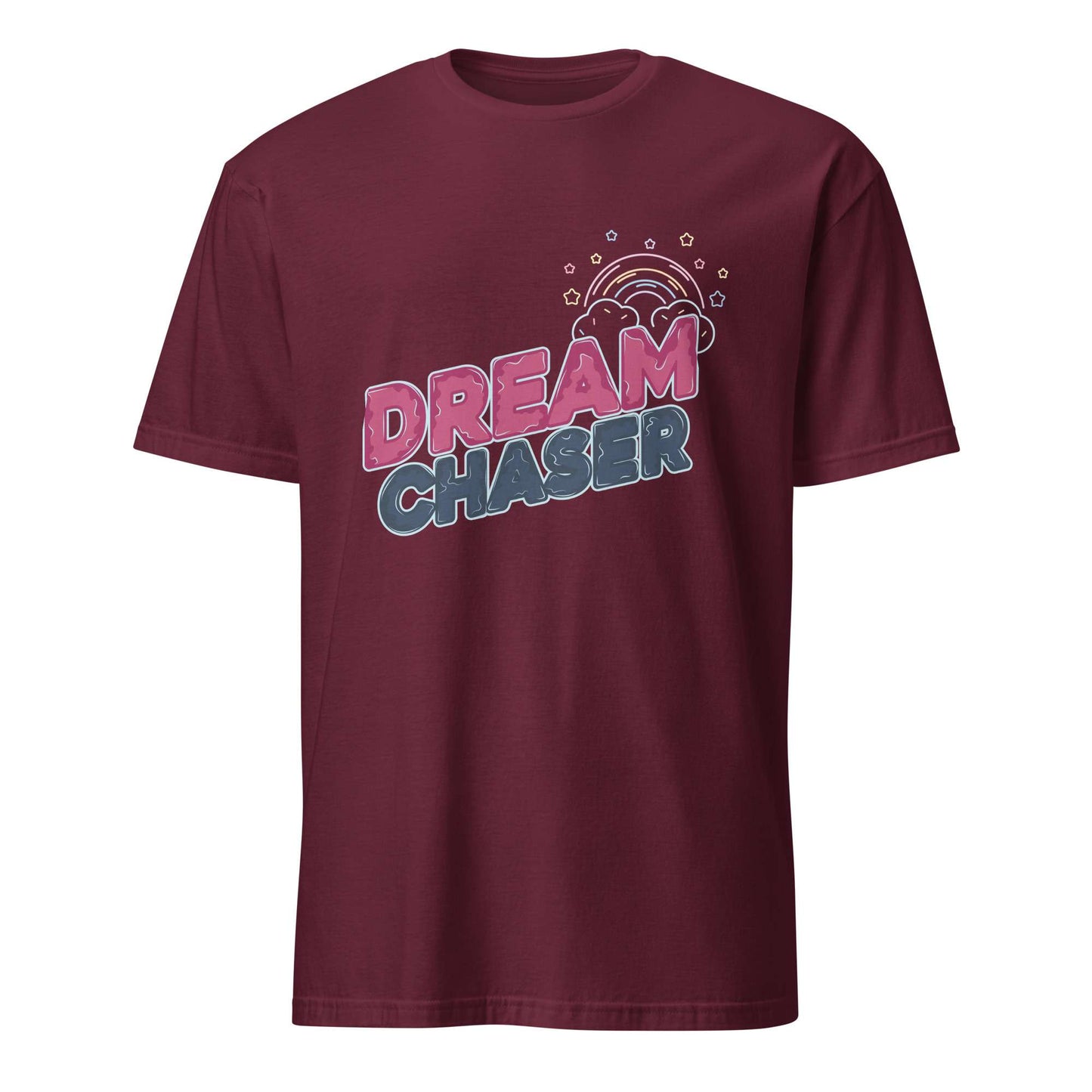 A maroon short-sleeve crewneck t-shirt featuring a colorful graphic on the chest that reads 'DREAM CHASER' in pink and blue lettering with a small rainbow and stars above it, shown against a plain white background. Minimal Dream Chaser Lettering Graphic T-Shirt Casual Wear Shop Minimal Dream Chaser Lettering Graphic T-Shirt Casual Wear for a clean, motivational look that pairs easily with your favorite outfits.