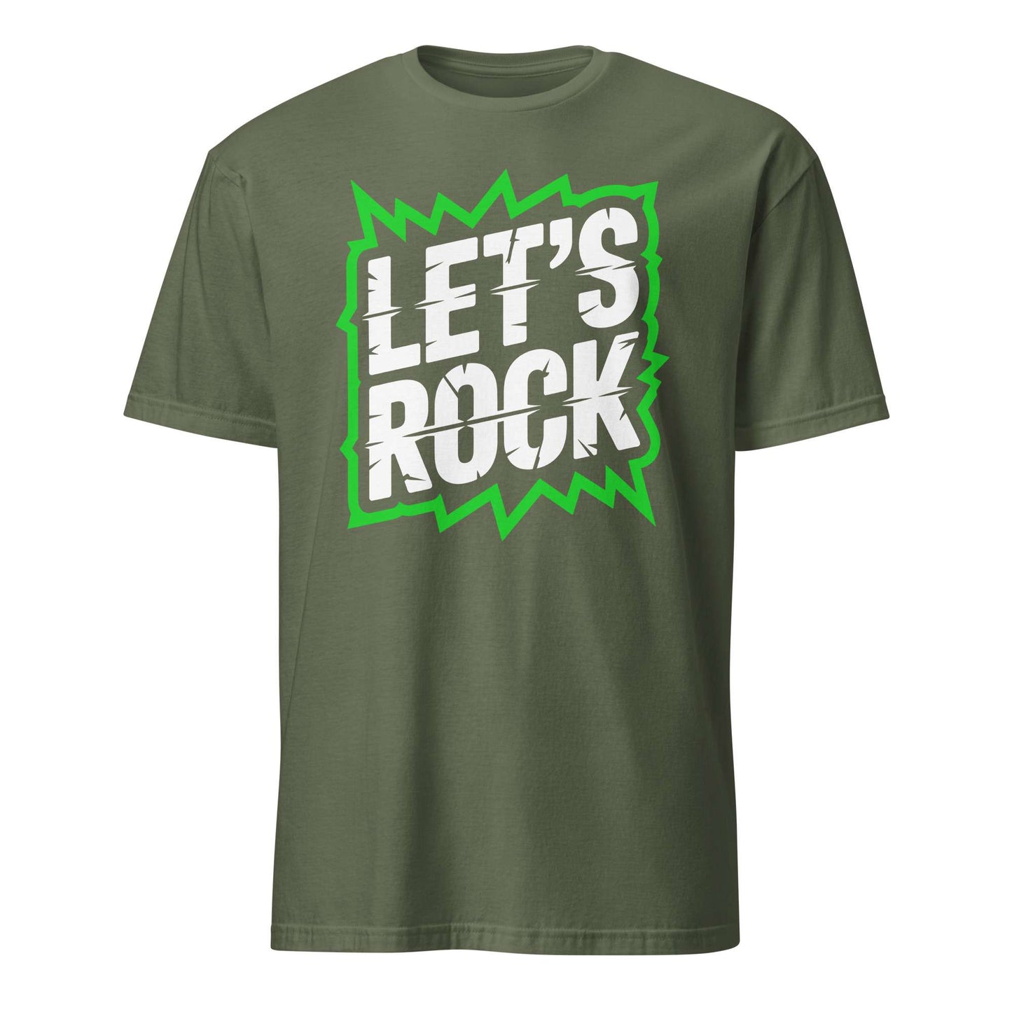 An olive green short-sleeve t-shirt with a graphic on the chest that reads 'LET'S ROCK' in white block letters inside a bright green jagged lightning-bolt shape, shown on a plain white background. Let's Rock Music Bold Typography Graphic T-Shirt Casual Wear Shop the Let's Rock Music Bold Typography Graphic T-Shirt Casual Wear for a standout look, soft comfort, and everyday rock-inspired style.
