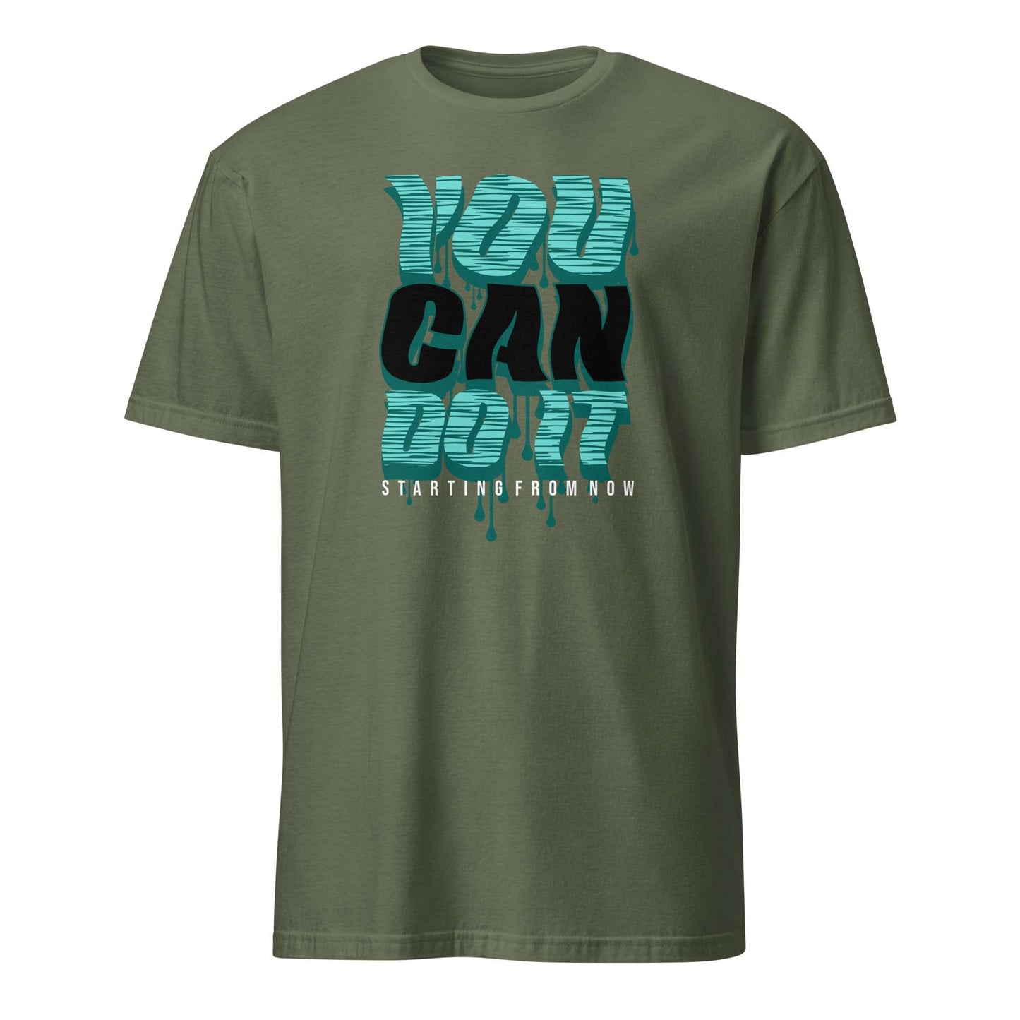 An olive green short-sleeve t-shirt with a graphic on the chest reading 'YOU CAN DO IT' in teal and black, with 'STARTING FROM NOW' printed below in white, shown against a plain white background. You Can Do It Slogan Typography Graphic T-Shirt Casual Wear Shop the You Can Do It Slogan Typography Graphic T-Shirt for bold motivational style, everyday confidence, and effortlessly casual outfits.
