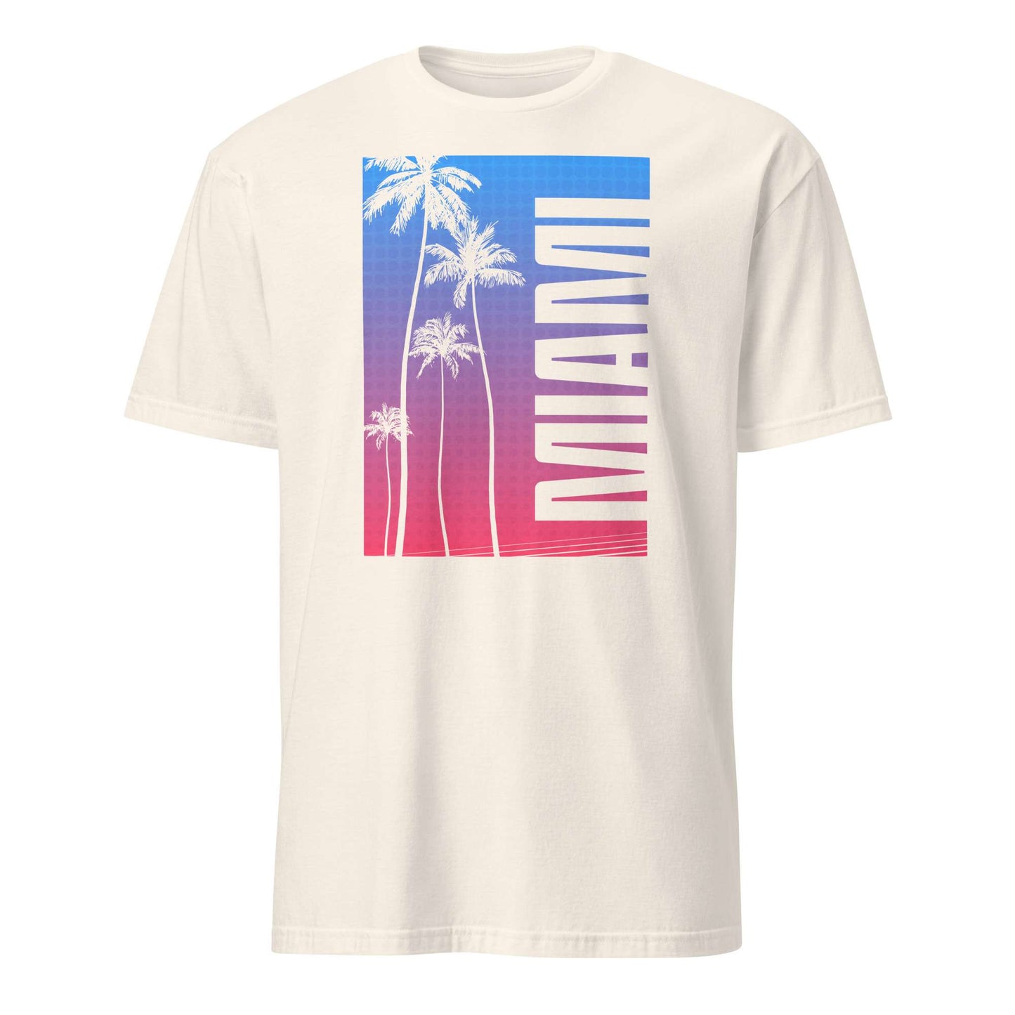 An off-white crewneck t-shirt featuring a large rectangular graphic on the front with a blue-to-pink gradient, white palm tree silhouettes, and the word 'MIAMI' in white vertical text.