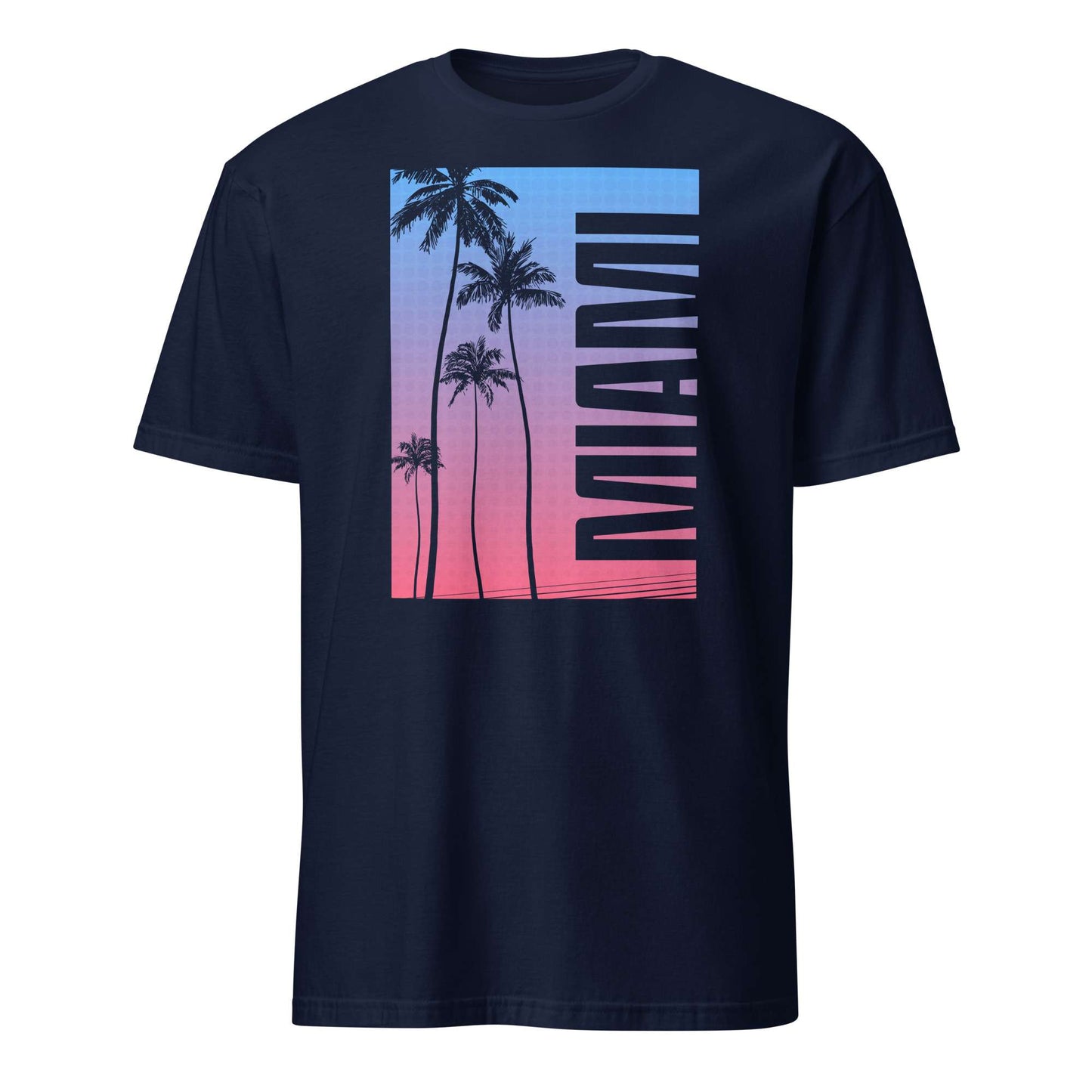 A navy blue short-sleeve t-shirt with a rectangular graphic on the chest featuring palm tree silhouettes against a blue-to-pink gradient background, with the word 'MIAMI' printed vertically in black.
