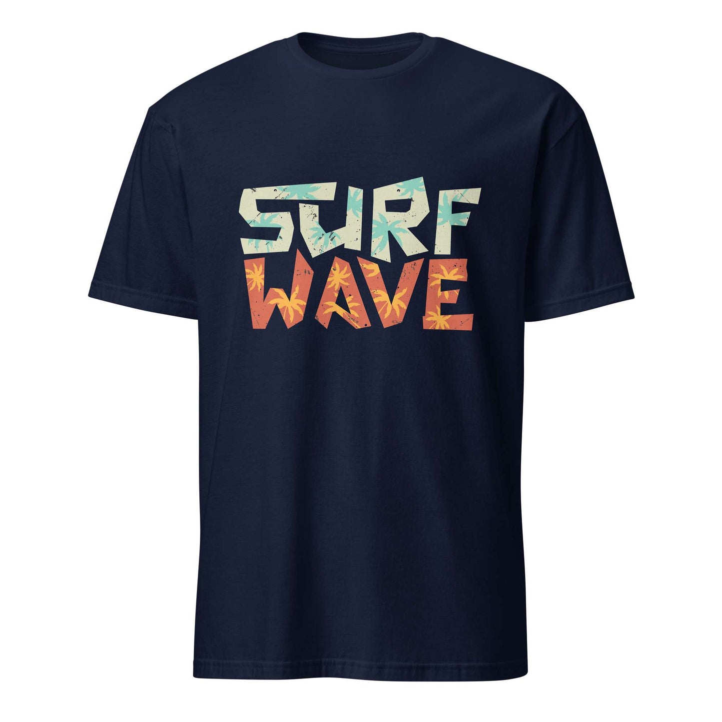 A navy blue short-sleeve crewneck t-shirt featuring a distressed graphic print on the chest that reads 'SURF WAVE' in a geometric, multi-colored pattern of teal, orange, and yellow. Surf Wave Typography Lettering Graphic T-Shirt Casual Wear Shop the Surf Wave Lettering Typography Graphic T-Shirt Casual Wear design, featuring a laid-back coastal look for everyday outfits and beach days. Buy Surf Wave Lettering Typography Graphic T-Shirt Casual Wear for Sale Online.