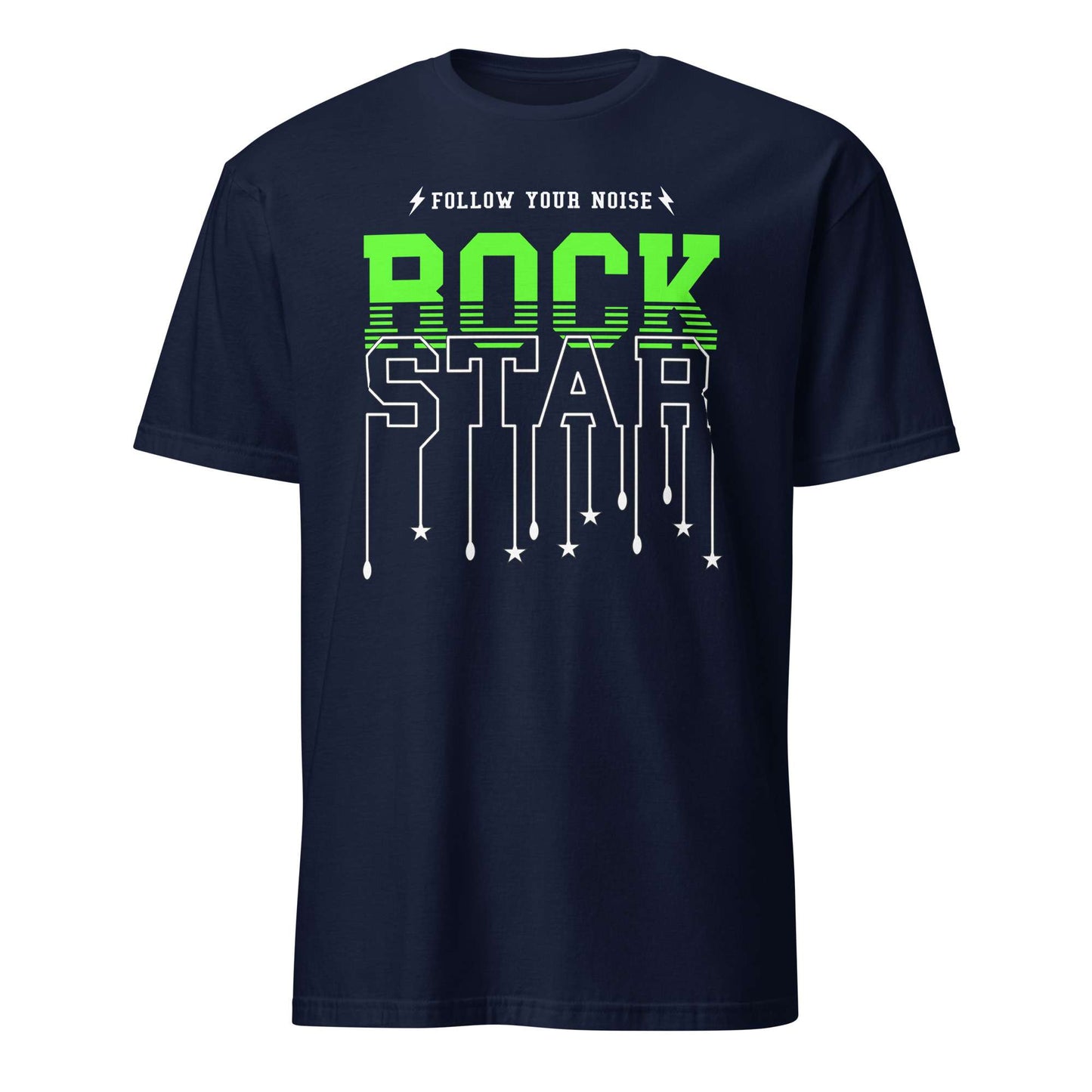 A navy blue short-sleeve t-shirt with a graphic on the chest reading 'FOLLOW YOUR NOISE ROCK STAR' in white and bright green, shown against a plain white background. Follow Your Noise Rock Star Neon Music T-Shirt Casual Wear Shop Follow Your Noise Rock Star Neon Music T-Shirt Casual Wear for vibrant, rock-inspired fashion that adds energy to your casual wardrobe.