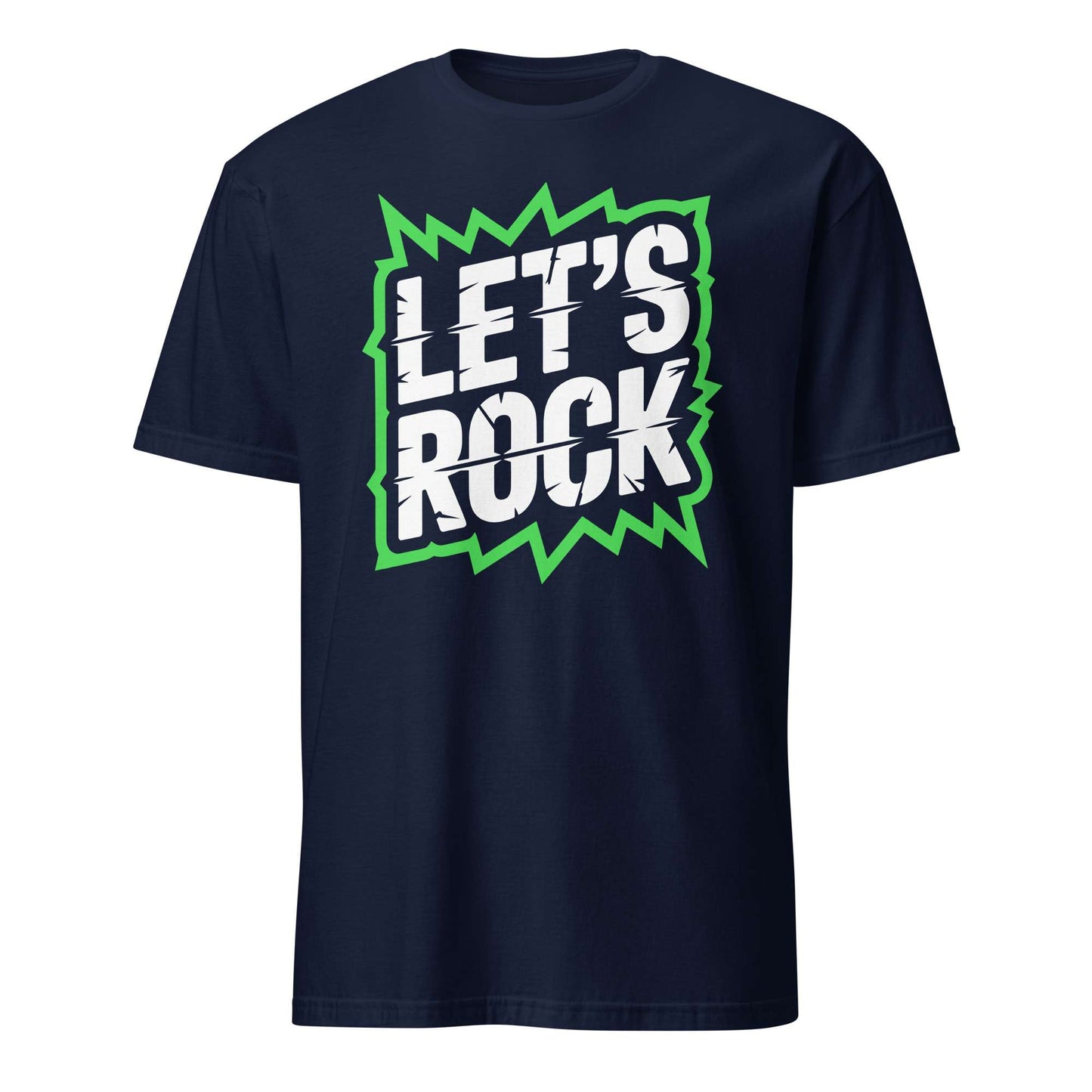 A navy blue short-sleeve t-shirt with a graphic on the chest that reads 'LET'S ROCK' in white distressed lettering inside a green comic-style burst, shown on a plain white background. Let's Rock Music Bold Typography Graphic T-Shirt Casual Wear Shop the Let's Rock Music Bold Typography Graphic T-Shirt Casual Wear for a standout look, soft comfort, and everyday rock-inspired style. Bring bold energy to your wardrobe with the Let's Rock Music Bold Typography Graphic T-Shirt Casual Wear.