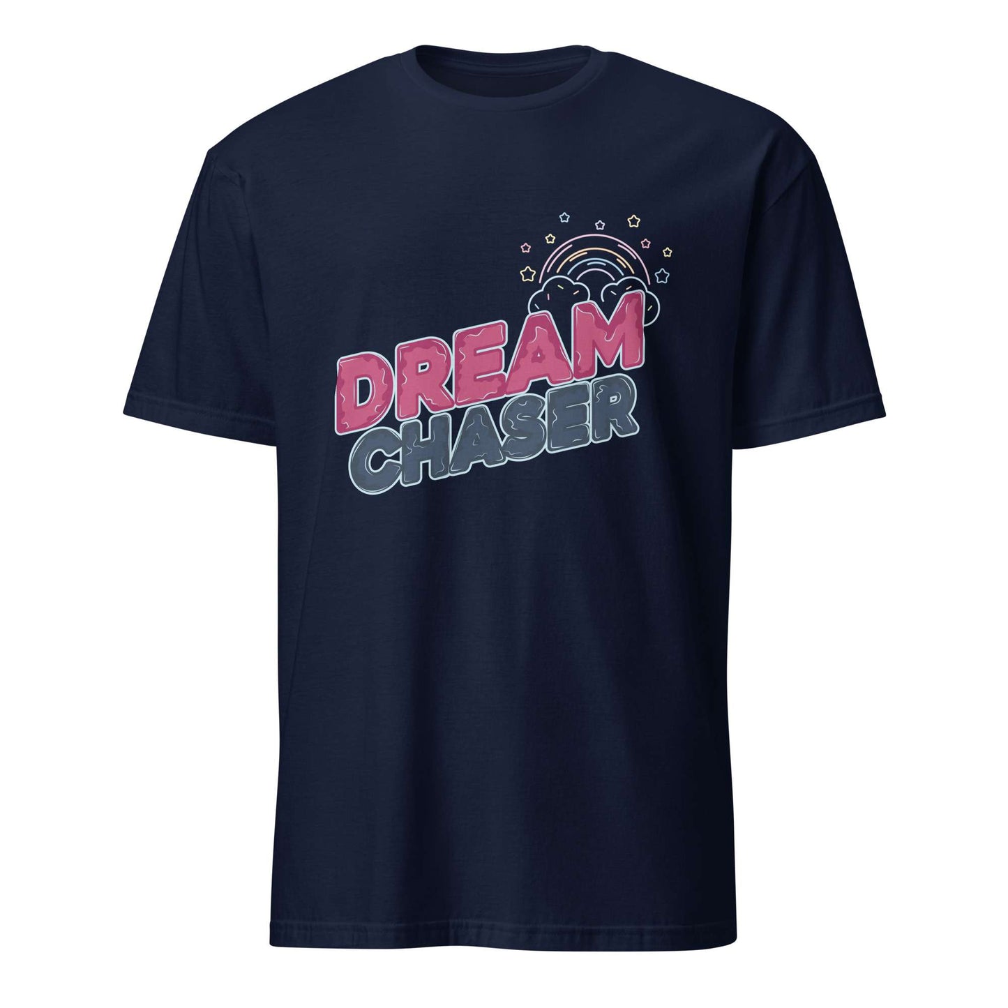 A navy blue short-sleeve t-shirt with a colorful graphic on the chest that reads 'DREAM CHASER' in pink and light blue, featuring a small rainbow and star illustration above, shown on a plain white background. Minimal Dream Chaser Lettering Graphic T-Shirt Casual Wear Shop Minimal Dream Chaser Lettering Graphic T-Shirt Casual Wear for a clean, motivational look that pairs easily with your favorite outfits.