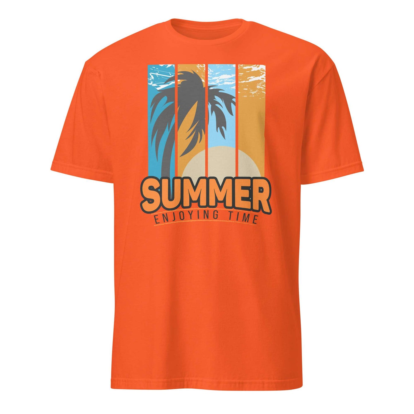 A bright orange short-sleeve t-shirt with a retro-style graphic on the chest featuring a palm tree, sunset stripes, and the text 'SUMMER ENJOYING TIME'. Buy Summer Enjoying Time Palm Sunset Graphic T-Shirt Casual Wear Online for Sale Shop the Summer Enjoying Time Palm Sunset Graphic T-Shirt, featuring a vibrant tropical design perfect for beach days and warm escapes.