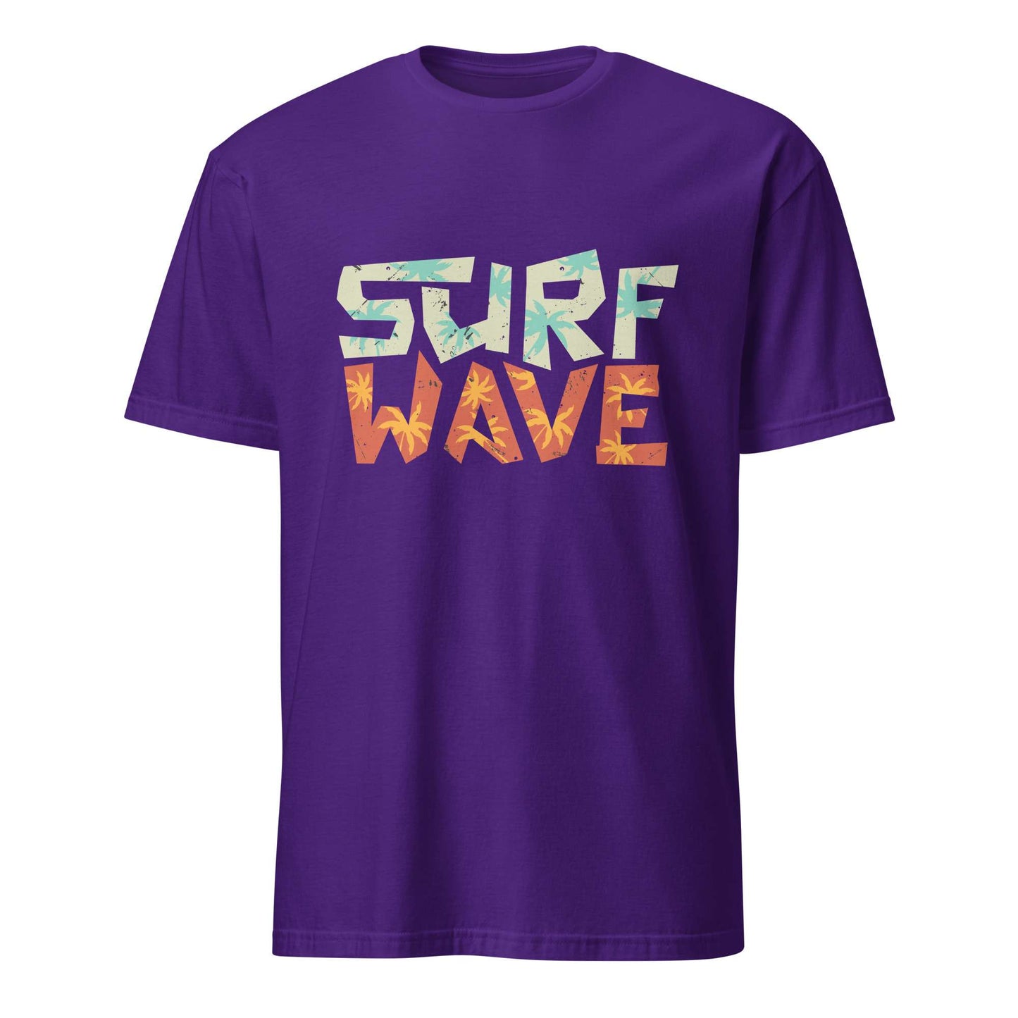 A purple short-sleeve crewneck t-shirt featuring a graphic text print that reads 'SURF WAVE' in a stylized, multi-colored patterned font, displayed on a solid white background. Surf Wave Typography Lettering Graphic T-Shirt Casual Wear Shop the Surf Wave Lettering Typography Graphic T-Shirt Casual Wear design, featuring a laid-back coastal look for everyday outfits and beach days. Buy Surf Wave Lettering Typography Graphic T-Shirt Casual Wear for Sale Online.
