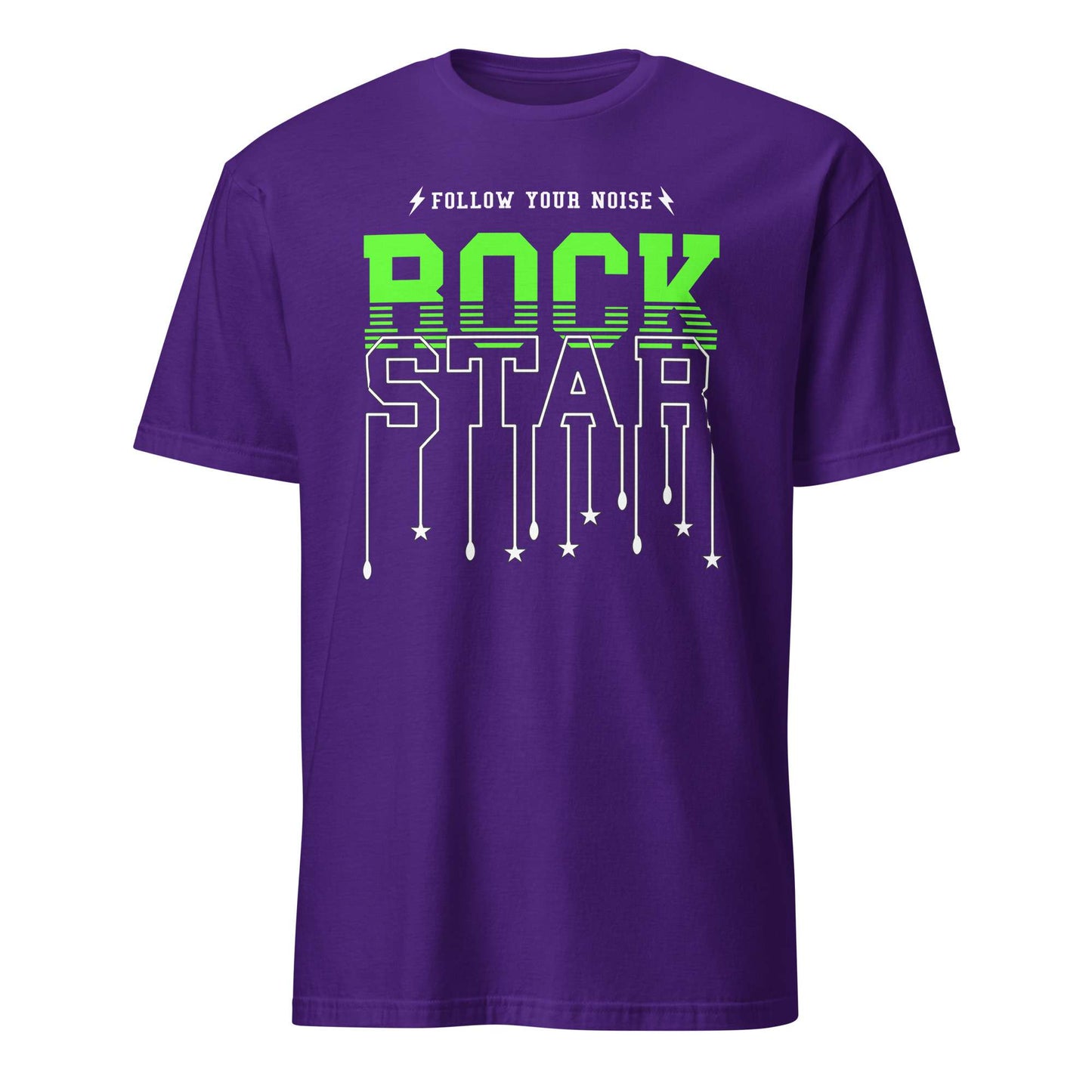A purple short-sleeve crewneck t-shirt with a graphic on the chest that reads 'FOLLOW YOUR NOISE' in white above 'ROCK STAR' in bright green and white dripping letters, shown on a plain white background. Follow Your Noise Rock Star Neon Music T-Shirt Casual Wear Shop Follow Your Noise Rock Star Neon Music T-Shirt Casual Wear for vibrant, rock-inspired fashion that adds energy to your casual wardrobe.