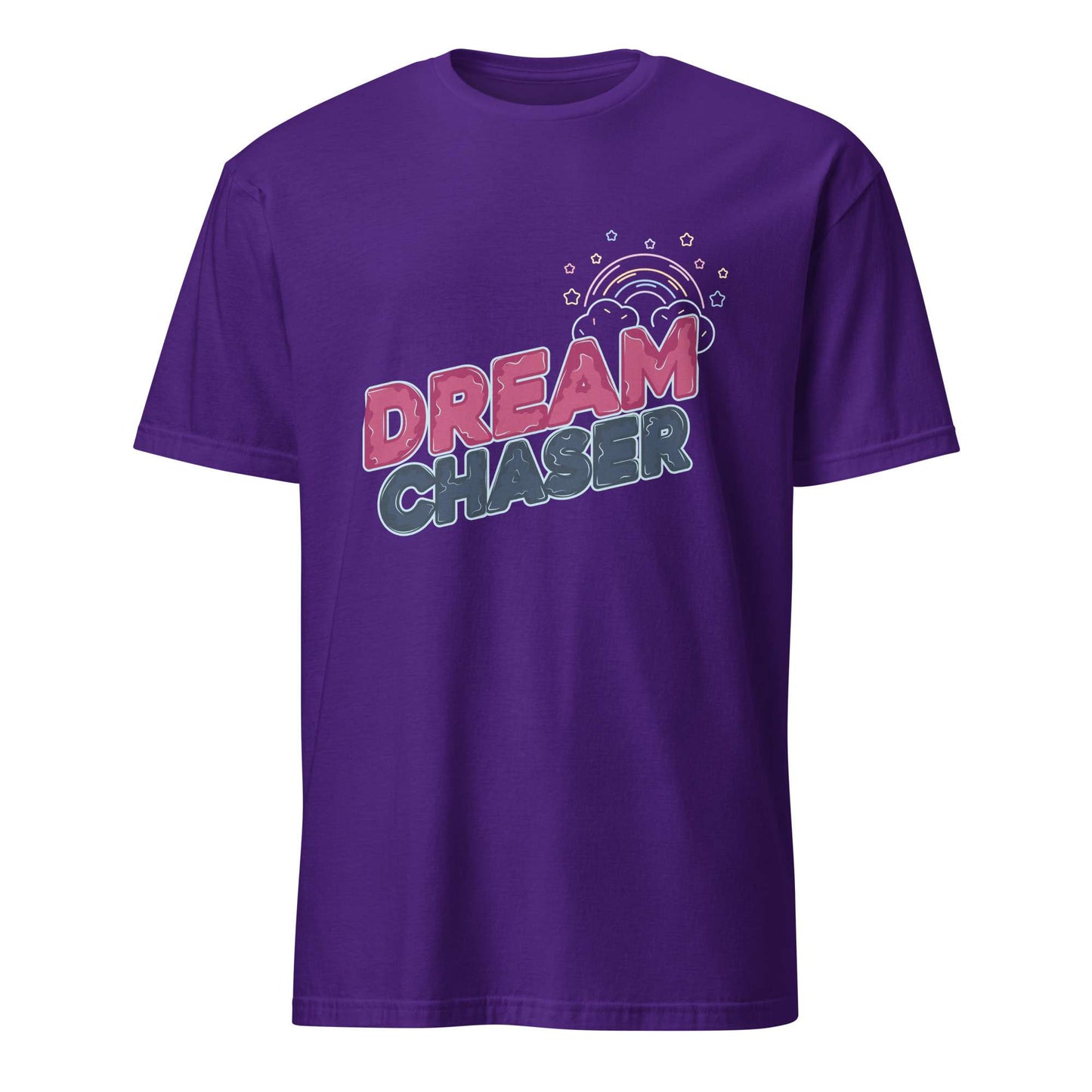 A purple short-sleeve crewneck t-shirt featuring a retro-style graphic on the chest with the words 'DREAM CHASER' in pink and teal bubble letters under a small rainbow and star illustration. Minimal Dream Chaser Lettering Graphic T-Shirt Casual Wear Shop Minimal Dream Chaser Lettering Graphic T-Shirt Casual Wear for a clean, motivational look that pairs easily with your favorite outfits.