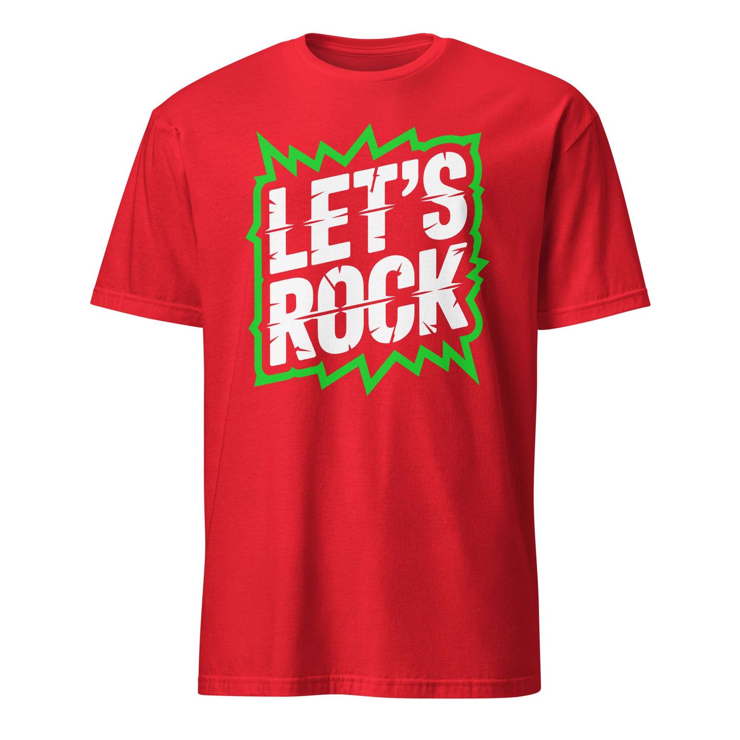 A red short-sleeve crewneck t-shirt featuring a graphic on the chest with the words 'LET'S ROCK' in white distressed lettering inside a green jagged comic-style burst. Let's Rock Music Bold Typography Graphic T-Shirt Casual Wear Shop the Let's Rock Music Bold Typography Graphic T-Shirt Casual Wear for a standout look, soft comfort, and everyday rock-inspired style.