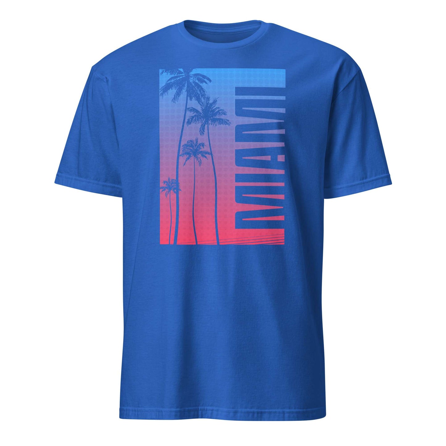 A royal blue short-sleeve crewneck t-shirt featuring a vertical rectangular graphic on the chest with palm tree silhouettes and the word 'MIAMI' in blue over a red-to-blue gradient background.