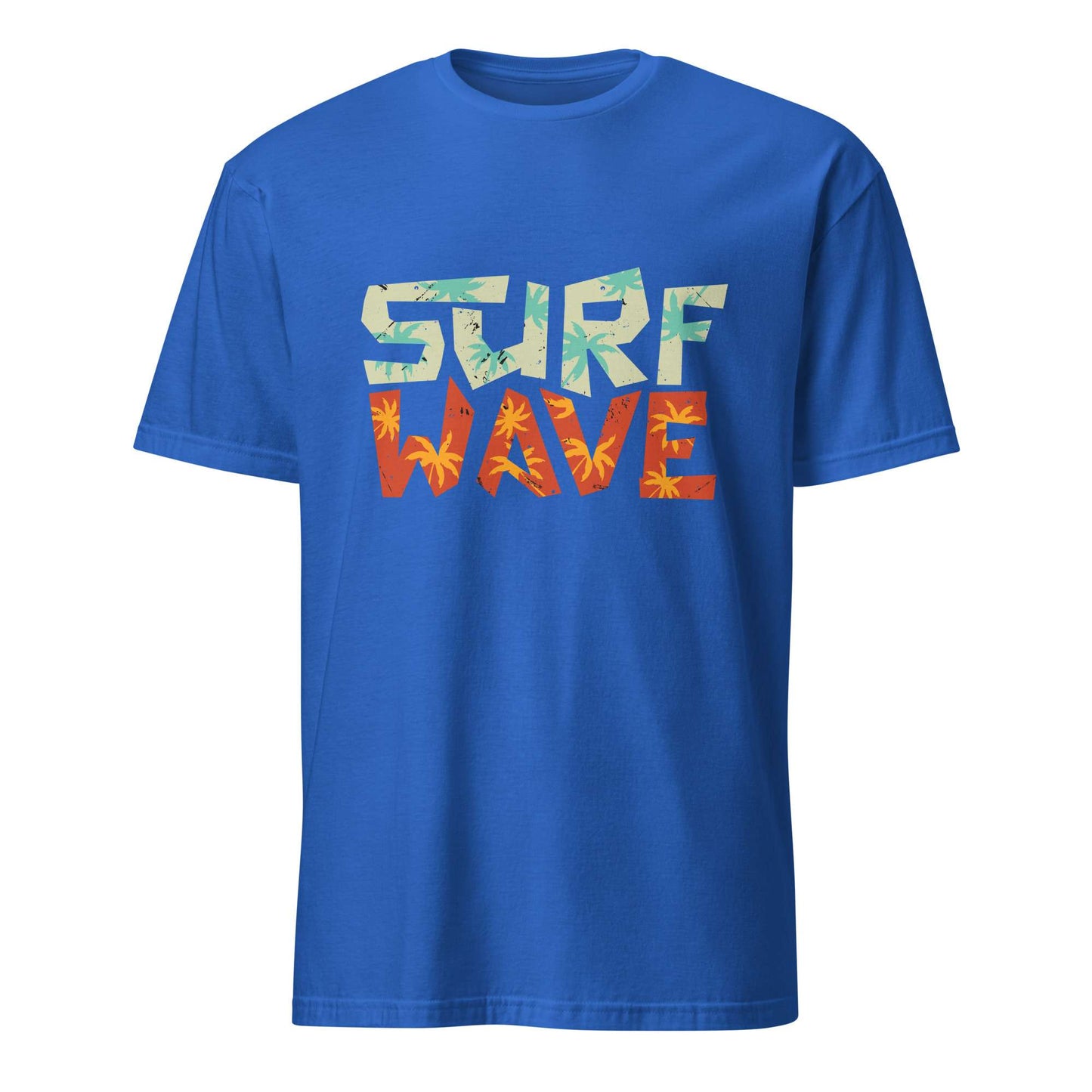 A royal blue short-sleeve crewneck t-shirt featuring a graphic text print on the chest that reads 'SURF WAVE' filled with a tropical palm tree pattern. The top letters of 'SURF' are light blue/teal, and the bottom letters of 'WAVE' are orange. Surf Wave Typography Lettering Graphic T-Shirt Casual Wear Shop the Surf Wave Lettering Typography Graphic T-Shirt Casual Wear design, featuring a laid-back coastal look for everyday outfits and beach days. Buy Surf Wave Lettering Typography Graphic T-Shirt Casual Wea