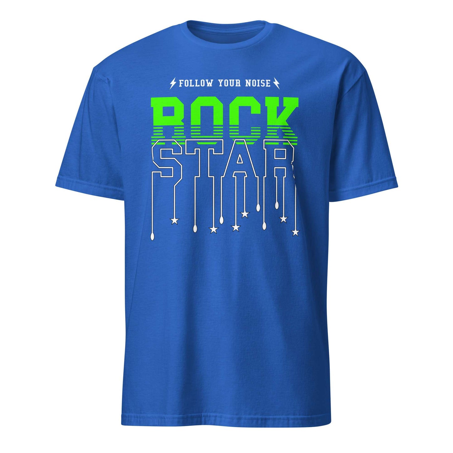 A royal blue short-sleeve t-shirt with a graphic on the chest reading 'FOLLOW YOUR NOISE ROCK STAR' in white and neon green, displayed on a solid white background. Follow Your Noise Rock Star Neon Music T-Shirt Casual Wear Shop Follow Your Noise Rock Star Neon Music T-Shirt Casual Wear for vibrant, rock-inspired fashion that adds energy to your casual wardrobe.