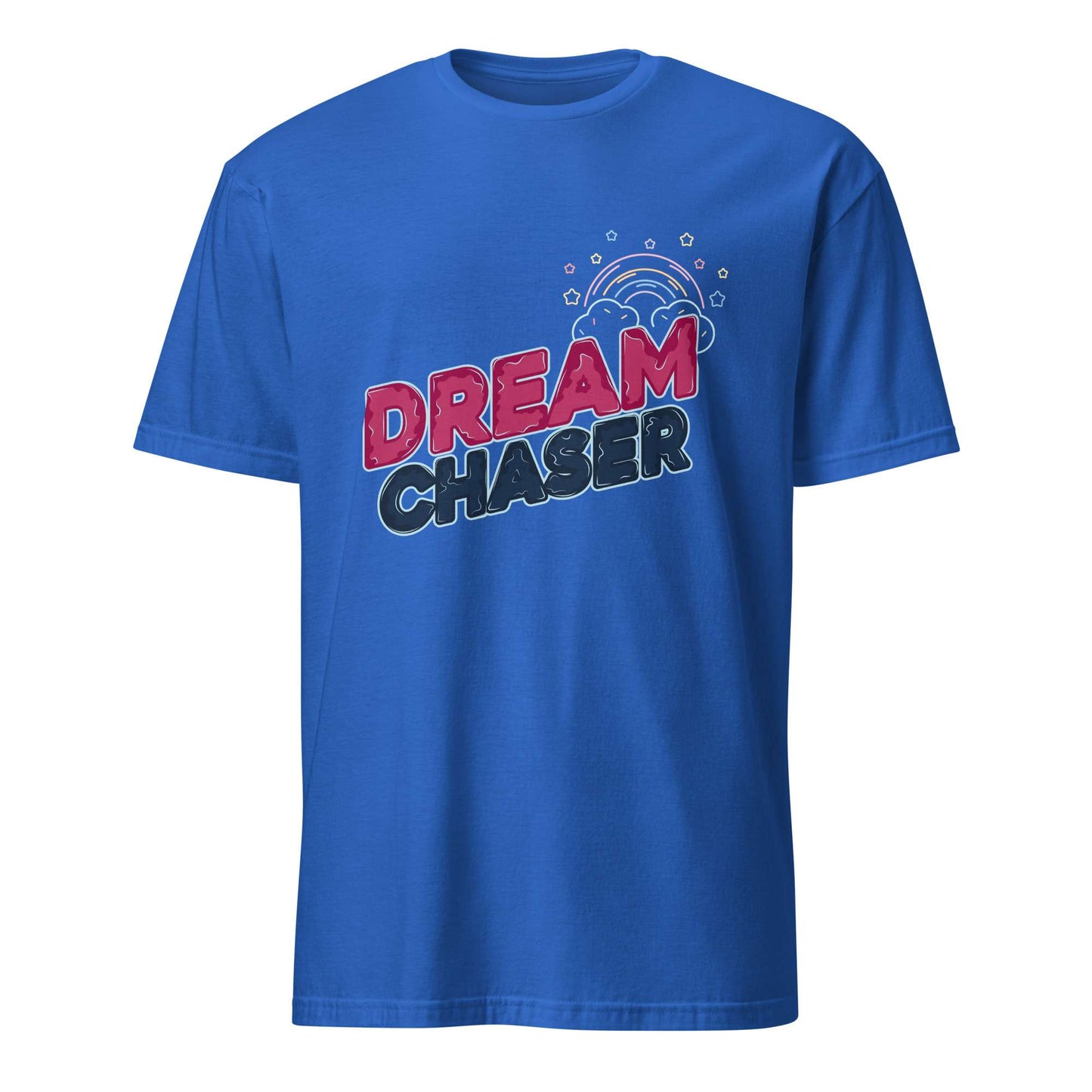 A royal blue short-sleeve crewneck t-shirt featuring a graphic on the chest that reads 'DREAM CHASER' in red and black bubble lettering with a small rainbow and starburst illustration above it, shown against a plain white background. Minimal Dream Chaser Lettering Graphic T-Shirt Casual Wear Shop Minimal Dream Chaser Lettering Graphic T-Shirt Casual Wear for a clean, motivational look that pairs easily with your favorite outfits.