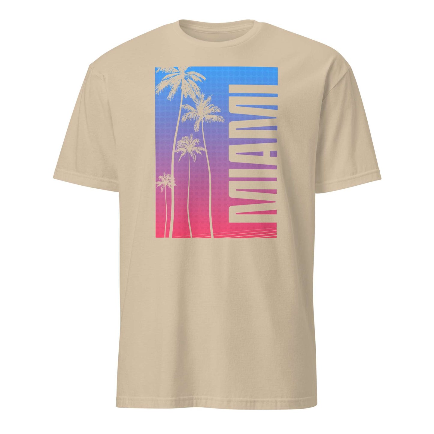 A beige crewneck t-shirt featuring a large rectangular graphic on the chest with a blue-to-pink gradient, white palm tree silhouettes, and the word 'MIAMI' in large white letters.