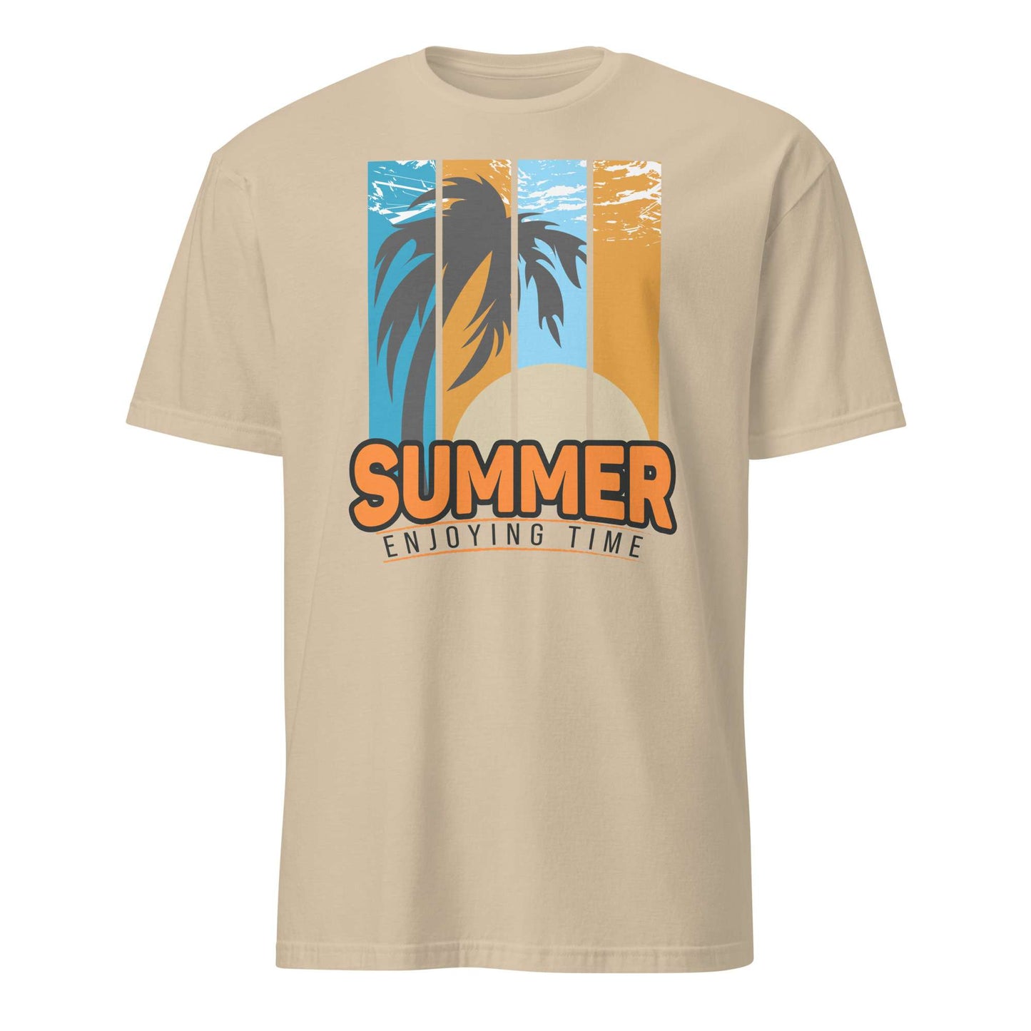 A beige short-sleeve crewneck t-shirt featuring a retro graphic of a palm tree against a sunset with the text 'SUMMER ENJOYING TIME'. Buy Summer Enjoying Time Palm Sunset Graphic T-Shirt Casual Wear Online for Sale Shop the Summer Enjoying Time Palm Sunset Graphic T-Shirt, featuring a vibrant tropical design perfect for beach days and warm escapes.