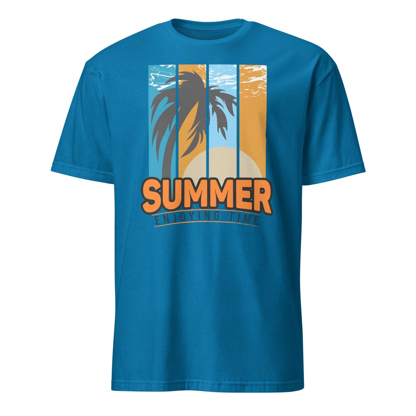 A blue short-sleeve crewneck t-shirt featuring a retro-style graphic of a palm tree against a sunset background with the text 'SUMMER ENJOYING LIFE'. Buy Summer Enjoying Time Palm Sunset Graphic T-Shirt Casual Wear Online for Sale Shop the Summer Enjoying Time Palm Sunset Graphic T-Shirt, featuring a vibrant tropical design perfect for beach days and warm escapes.